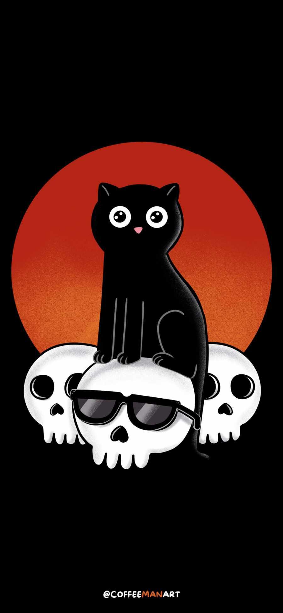 900x1950 Cat And Skulls Halloween IPhone 13 Wallpaper Wallpaper : iPhone Wallpaper