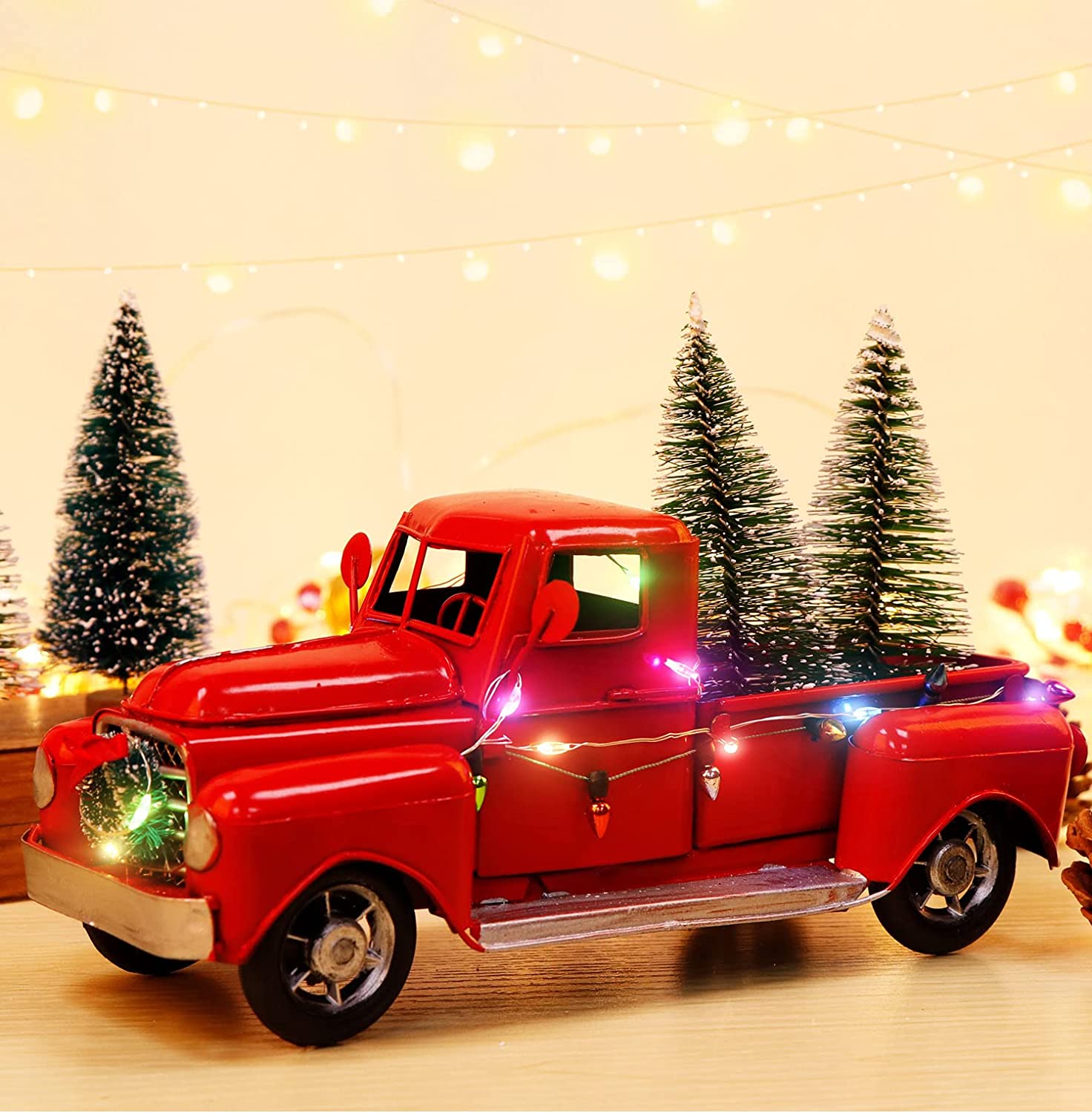 1472x1500 Buy AerWo Red Christmas Truck, Little Red Truck Christmas Decor with 2 Mini Christmas Trees and LED String Lights, Red Metal Pickup Truck Car Model for Christmas Decorations Table Top Decor Online
