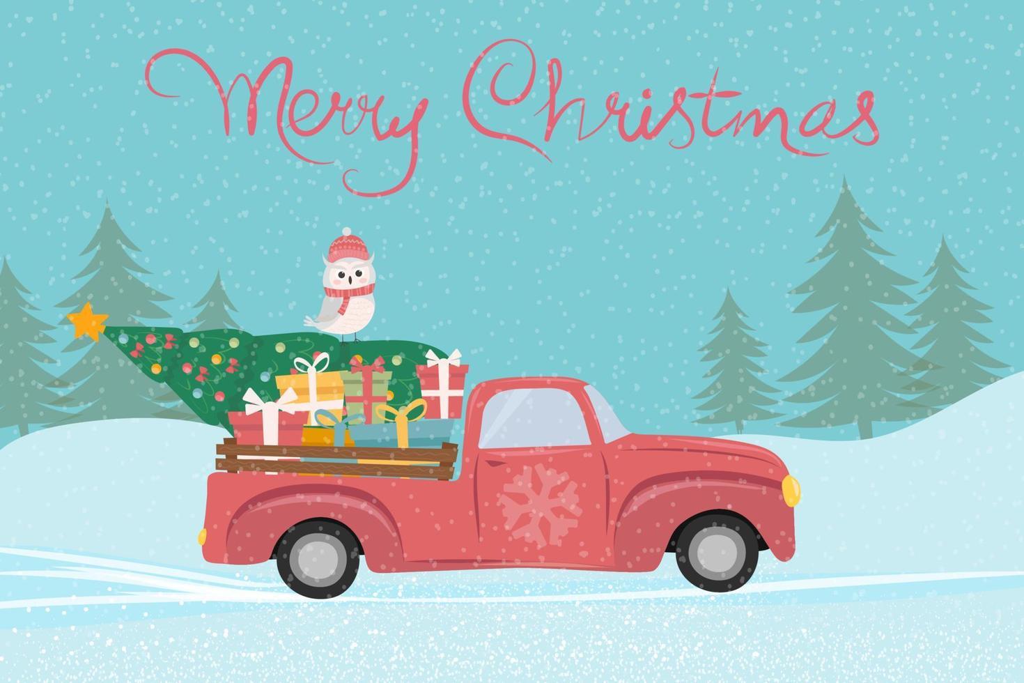 1470x980 Christmas truck. Vector illustration of a Christmas red truck with a Christmas tree and gifts