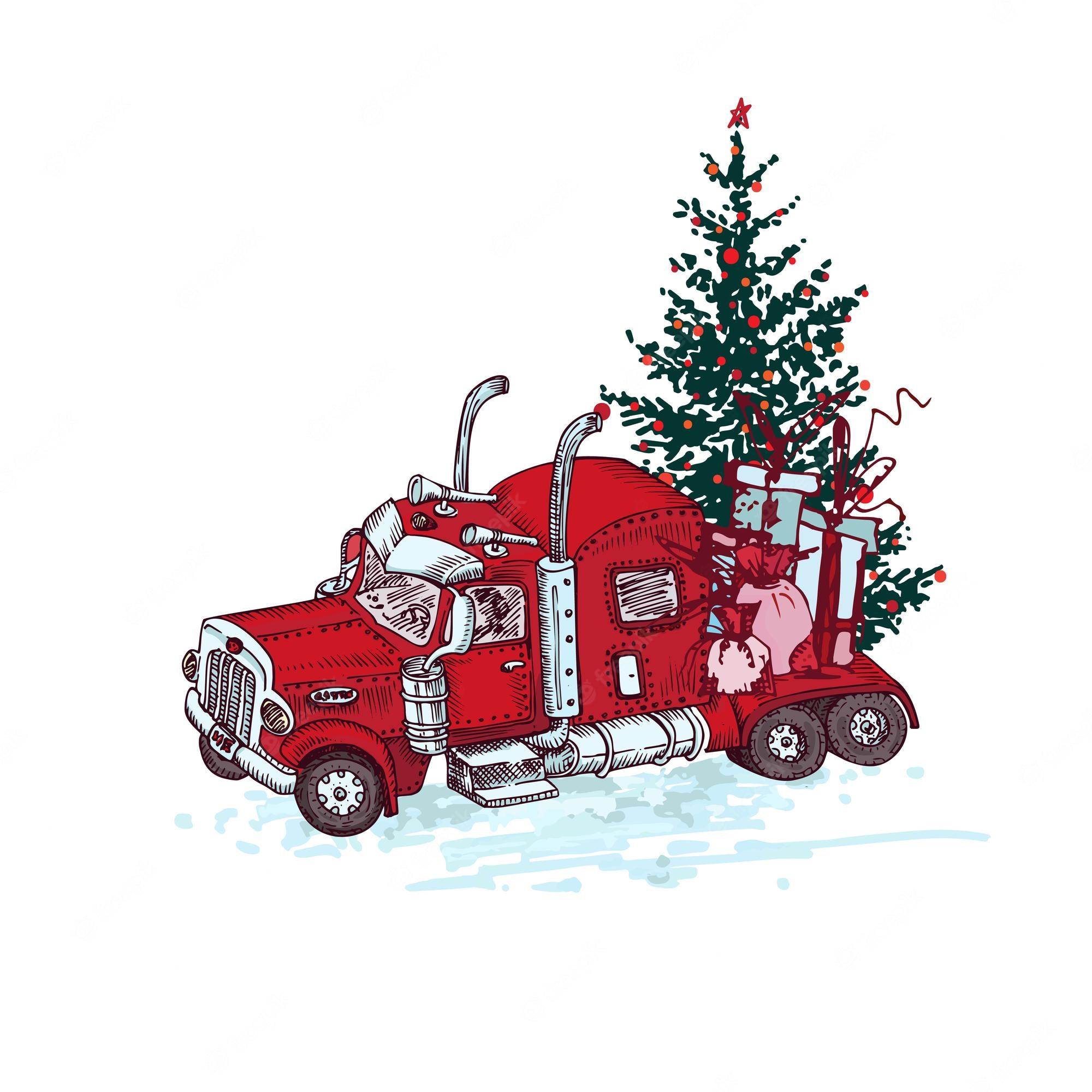 2000x2000 Premium Vector. Hand drawn red truck with christmas tree and gifts isolated on white background vintage sketch xmas lorry transport large industrial car giant machine engraving art style