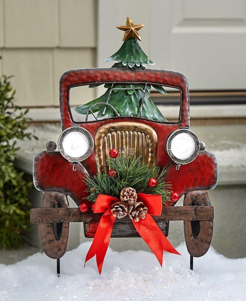 819x1000 CHRISTMAS TREE SOLAR LIGHTED RED TRUCK STAKE YARD GARDEN DECO