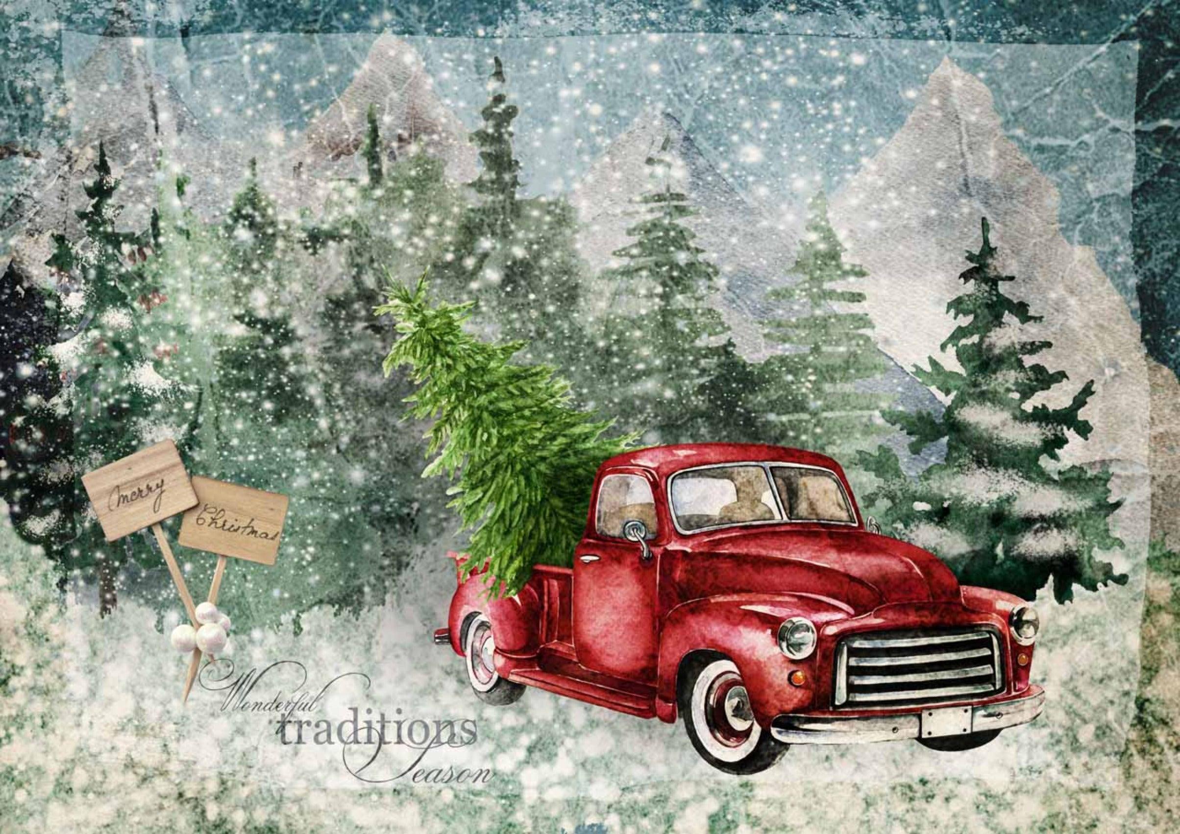 2408x1703 Winter Traditions Rice Paper by Decoupage Queen, Red Farm Truck