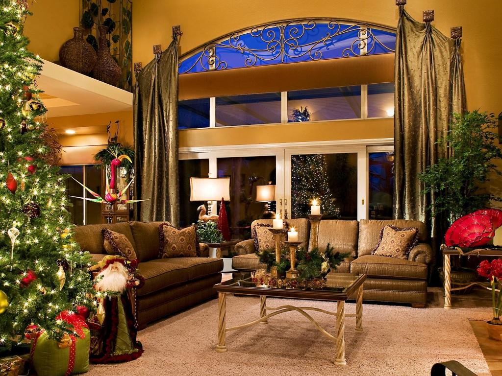 1024x768 Wallpaper 4k holiday, christmas tree, new year, christmas, decorations, santa claus, santa, gifts, room, interior, style, design, furniture, candles, window, reflection, new years interior, tree 4k Wallpaper