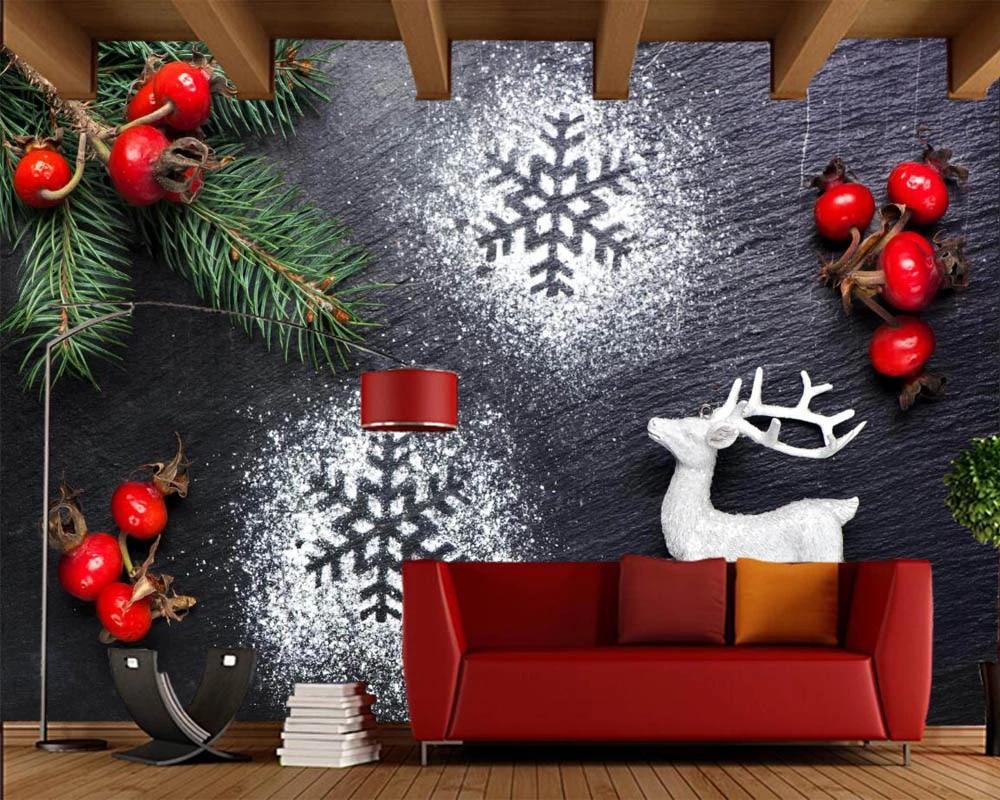 1000x800 Papel de parede Christmas Berry Deer Branches Snowflakes wallpaper, living room bedroom TV sofa wall kids'room KTV bar cafe mural. Wallpaper