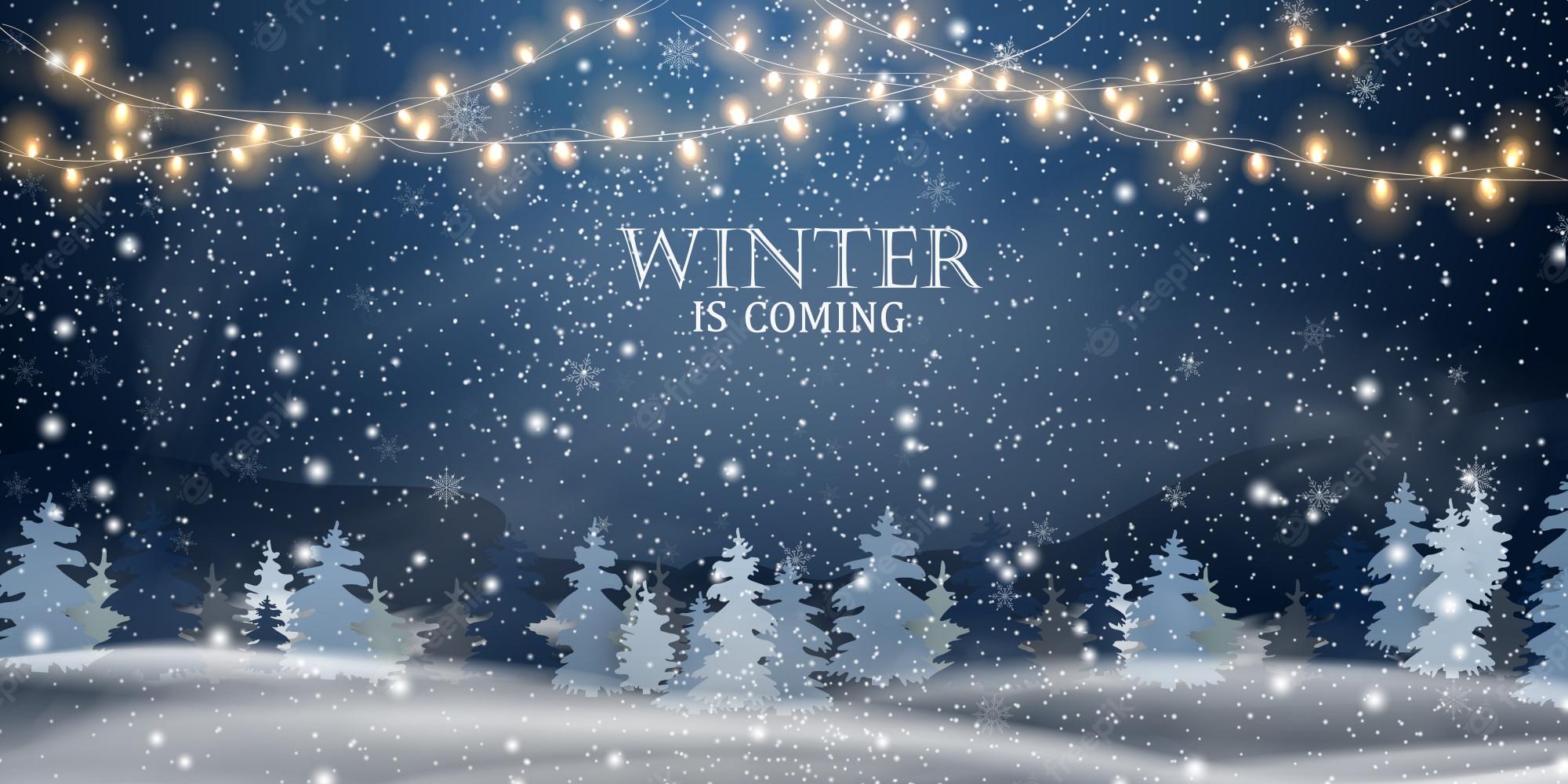 2000x1000 Premium Vector. Winter is coming. christmas, night, snowy woodland landscape. holiday winter landscape for merry christmas with firs, coniferous forest, light, snow, snowflakes. christmas scene. happy new year