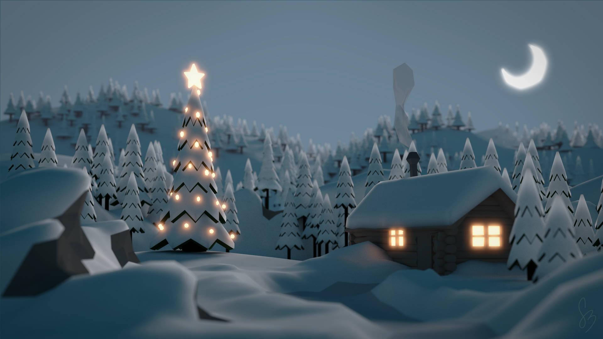 1920x1080 Download Old Aesthetic Christmas Tree And Cabin Wallpaper
