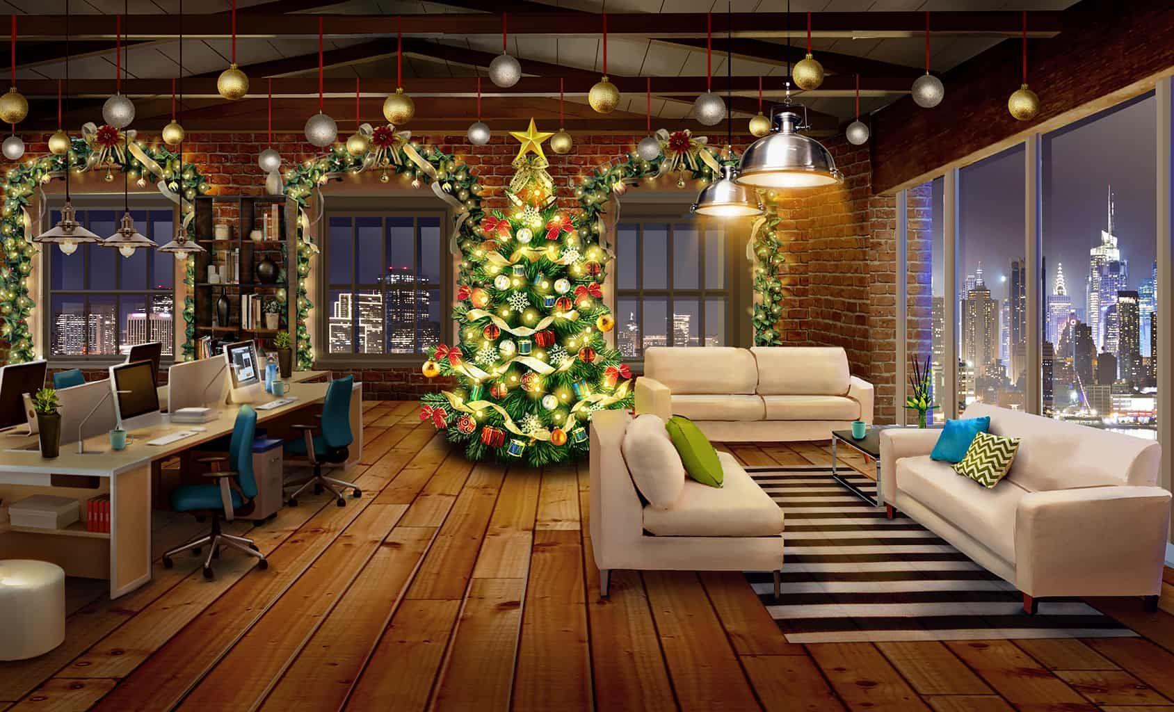 1688x1024 Fiesta navideña por casa. Sala de natal, Cenário anime, Design de paisagem