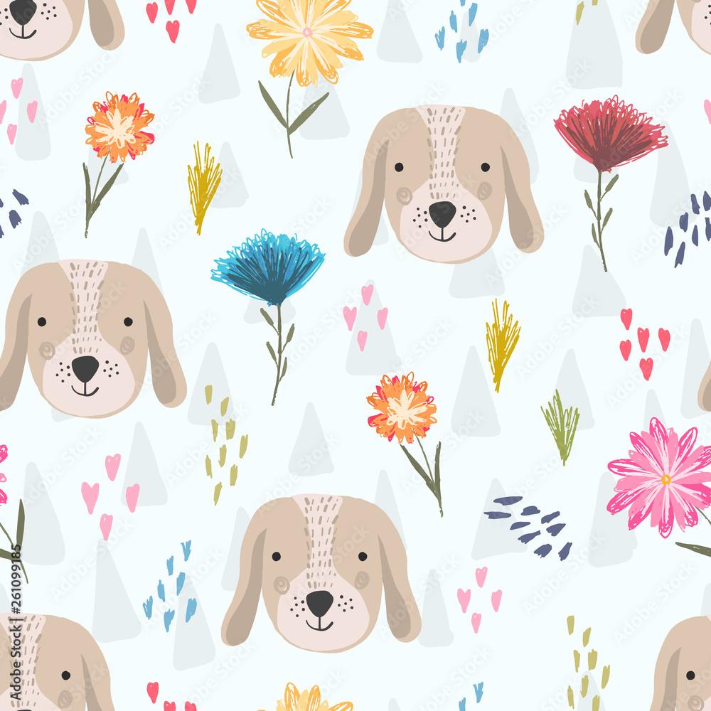 1000x1000 Cute seamless pattern with cartoon colorful dog heads, pink hearts and colorful childish flowers. Funny hand drawn domestic puppy texture for kids design, wallpaper, textile, wrapping paper Stock Vector