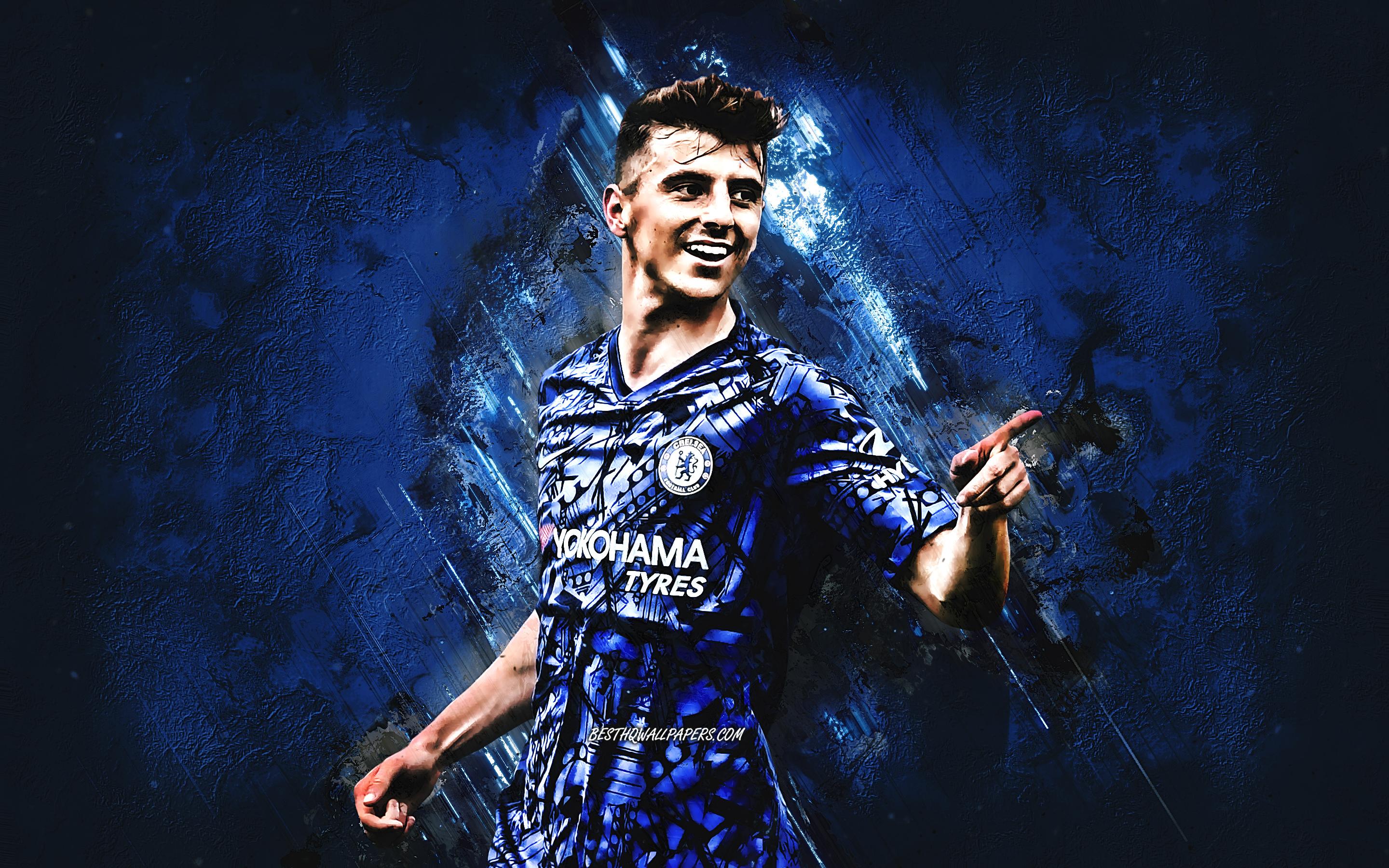 2880x1800 Download wallpaper Mason Mount, portrait, Chelsea FC, English football player, midfielder, Premier League, blue stone background, England, football for desktop with resolution 1024x1024. High Quality HD picture wallpaper