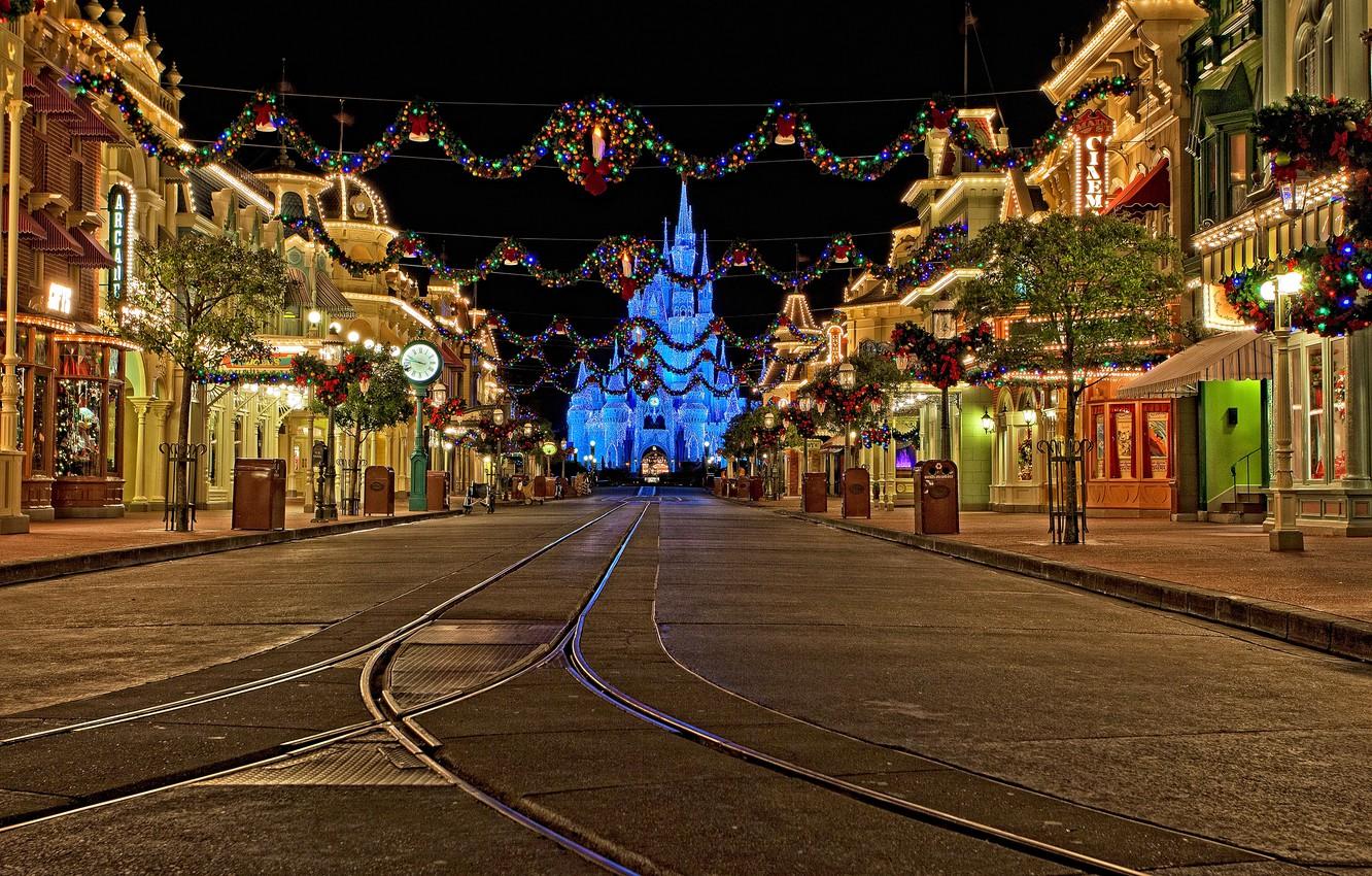 1332x850 Wallpaper decoration, night, street, CA, New year, USA, garland, Disneyland, Christmas, New Year, Disneyland, garland, Anaheim, Parks image for desktop, section город