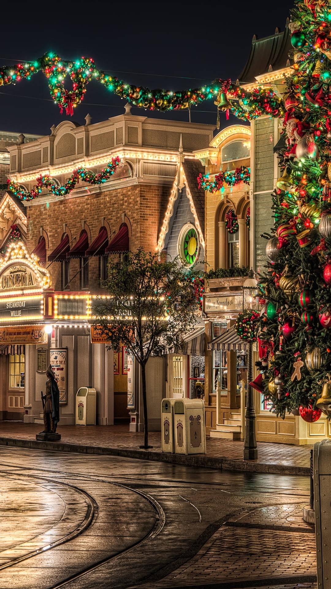 1080x1920 Download Beautiful Christmas Town Center At Night Wallpaper