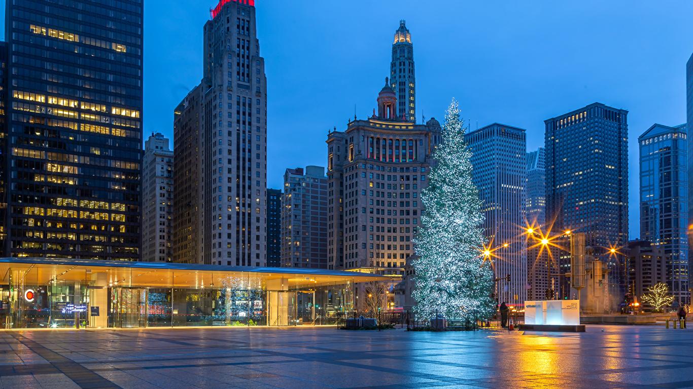 1366x768 Picture Chicago city USA Christmas Town square New Year 1366x768
