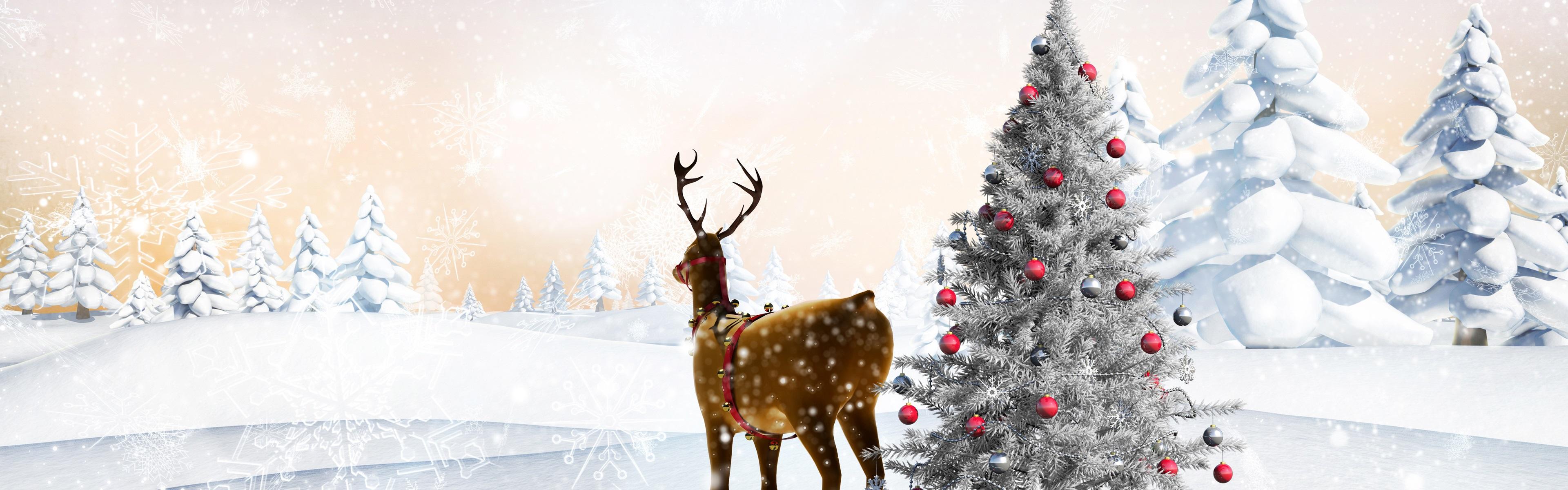3840x1200 Snow, Winter, Deer, Christmas Tree, Balls, Forest, Snowflakes, Art Picture 1080x1920 IPhone 8 7 6 6S Plus Wallpaper, Background, Picture, Image