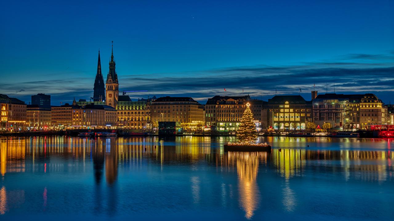 1280x719 Photos Cities Hamburg Germany Christmas Night panoramic Houses New