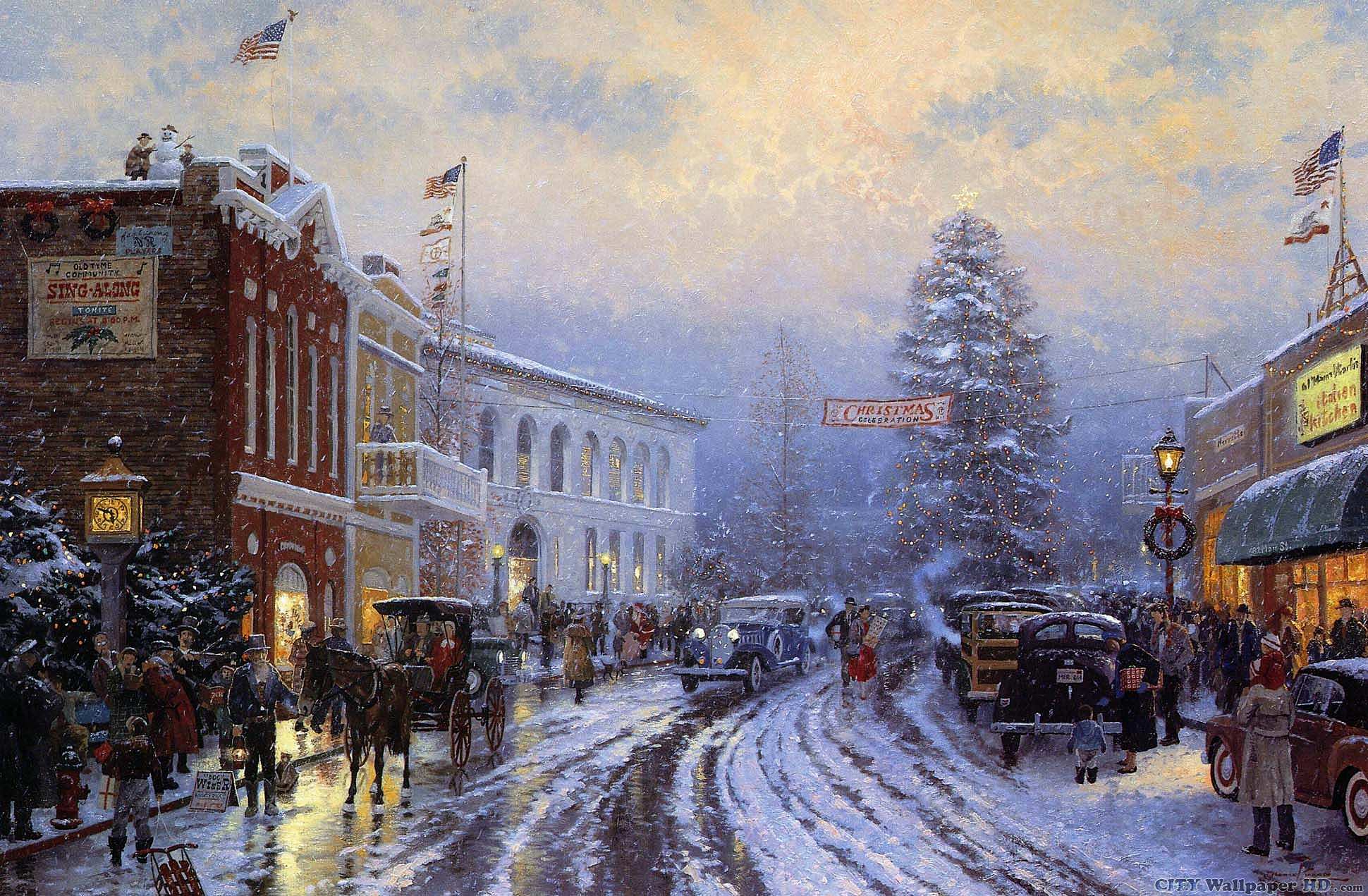 1940x1271 Christmas picture with the image of the city on the desktop. Panorama of the city. New Year
