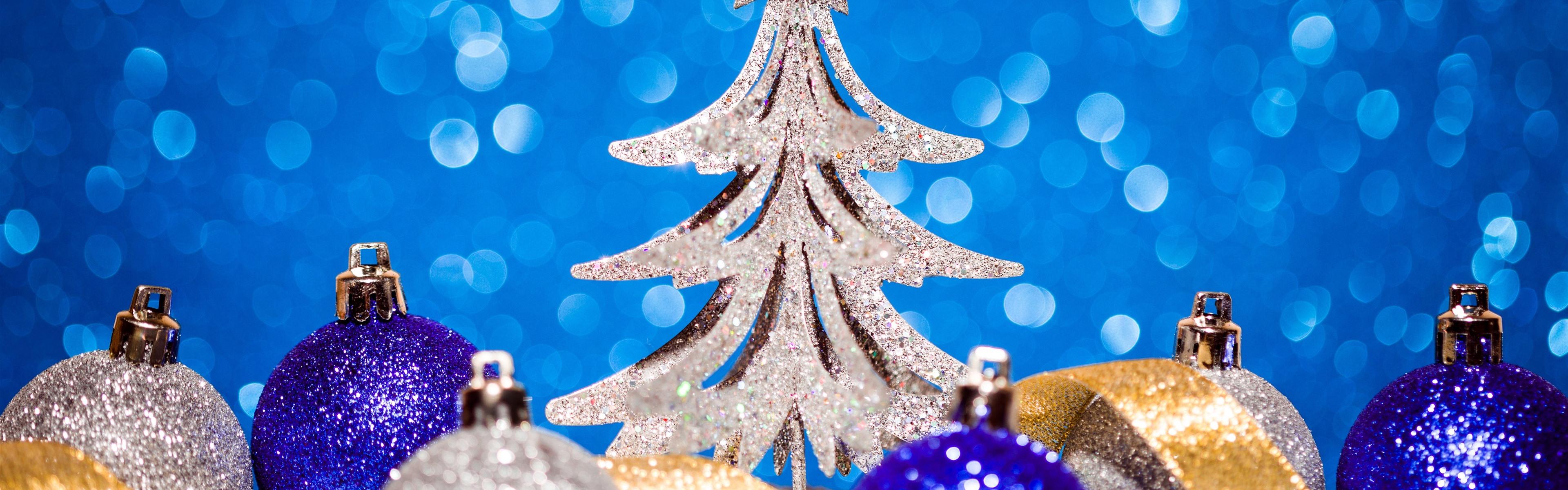 3840x1200 Wallpaper Christmas tree, balls, star, shine, light circles 5120x2880 UHD 5K Picture, Image