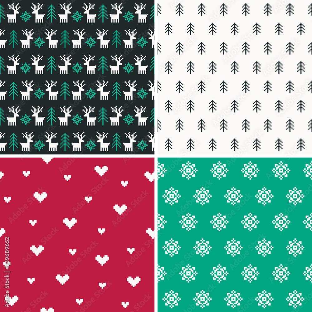 1000x1000 Vector set of seamless winter holiday background in pixel style. Red, mint and black forest theme with reindeer, trees, snowflakes and hearts for Christmas, gift wrapping paper, textiles, wallpaper. Stock Vector