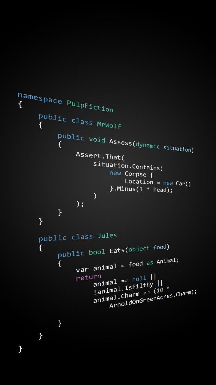 720x1280 Tribute to Pulp Fiction and geeks. Phone background of some c# code that describes some memorable scene. Programação de computadores, Programação web, Programação