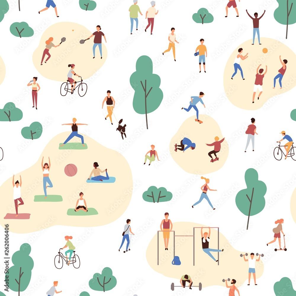 1000x1000 Seamless pattern with crowd of people performing healthy activities and playing sports games in park. Backdrop with outdoor fitness or aerobics workout. Flat cartoon vector illustration for wallpaper. Stock Vector
