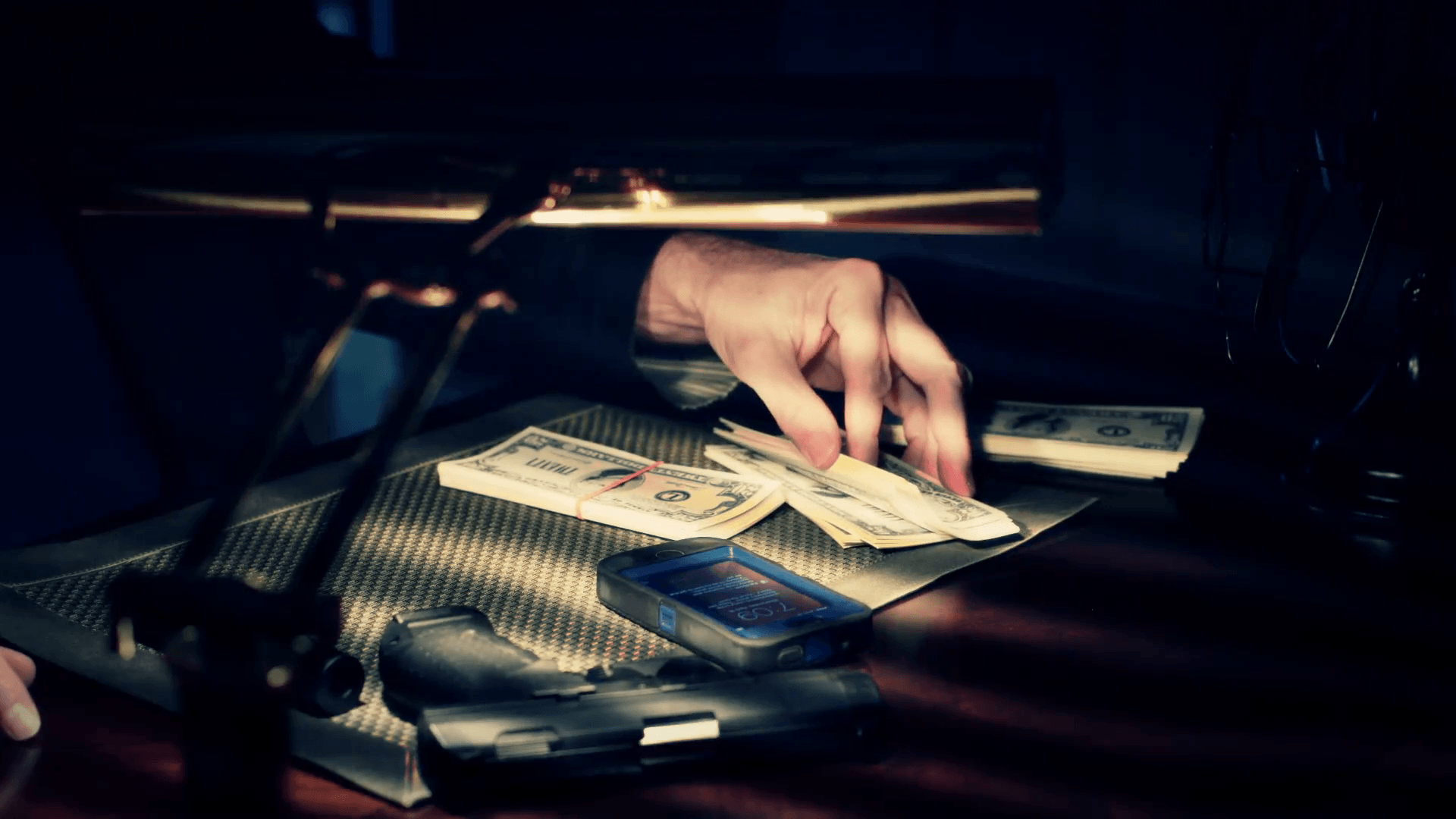 1920x1080 Gangster with money and pistol Stock Video Footage