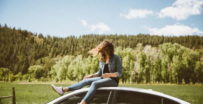 670x344 Wallpaper girl on car, forest, travel desktop wallpaper, HD image, picture, background, 24f0cf