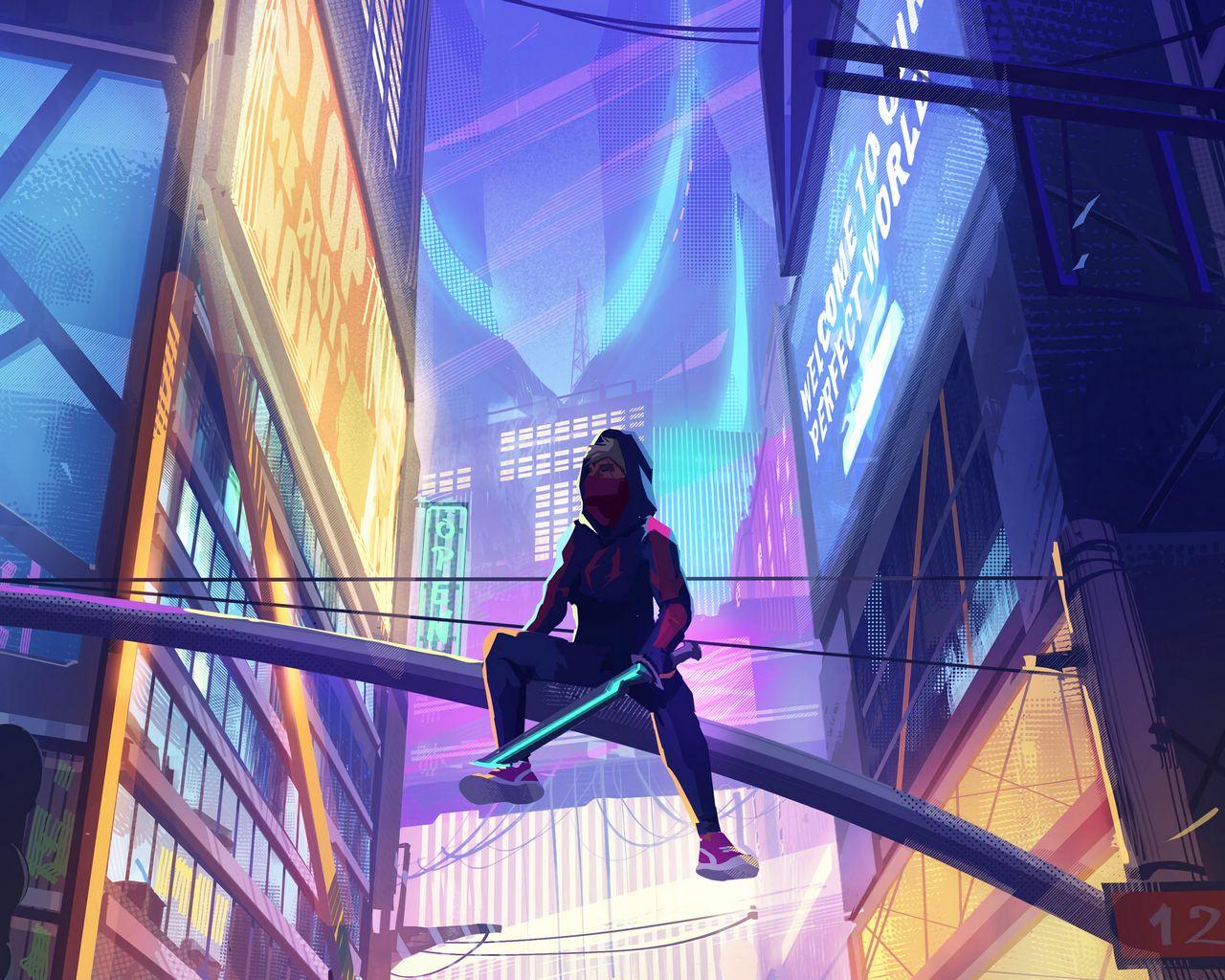 1280x1024 Download wallpaper 1280x1024 ninja, mask, sword, buildings, neon, cyberpunk, art standard 5:4 HD background
