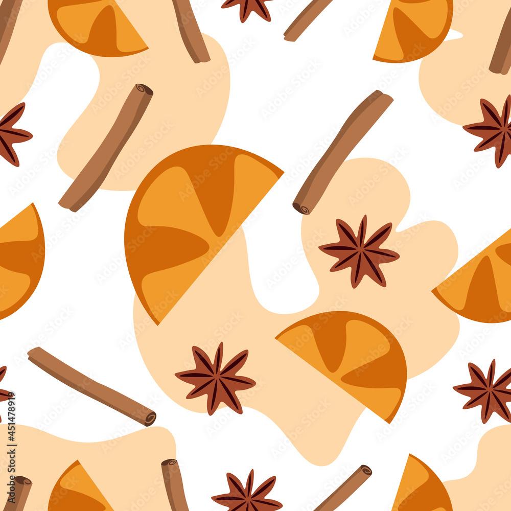 1000x1000 Orange and spices seamless pattern. Background for wallpaper, textiles, papers, fabrics, web pages. Food ornament, vintage style. Stock Vector