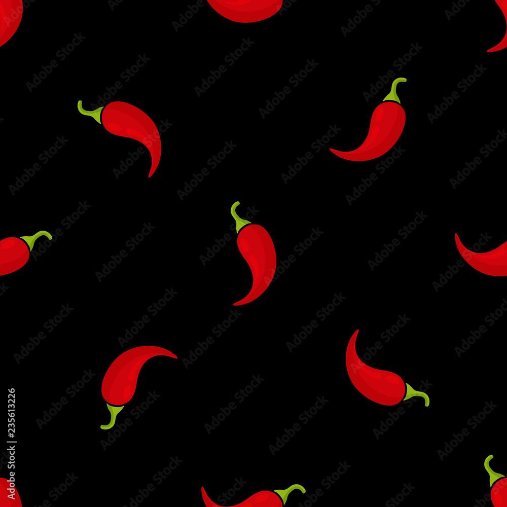 1000x1000 Chilli pepper seamless vegetable background vector flat illustration. Fresh food background in black and red colors with chilli vegetable seamless element for healthy diet decor or vintage wallpaper Stock Vector