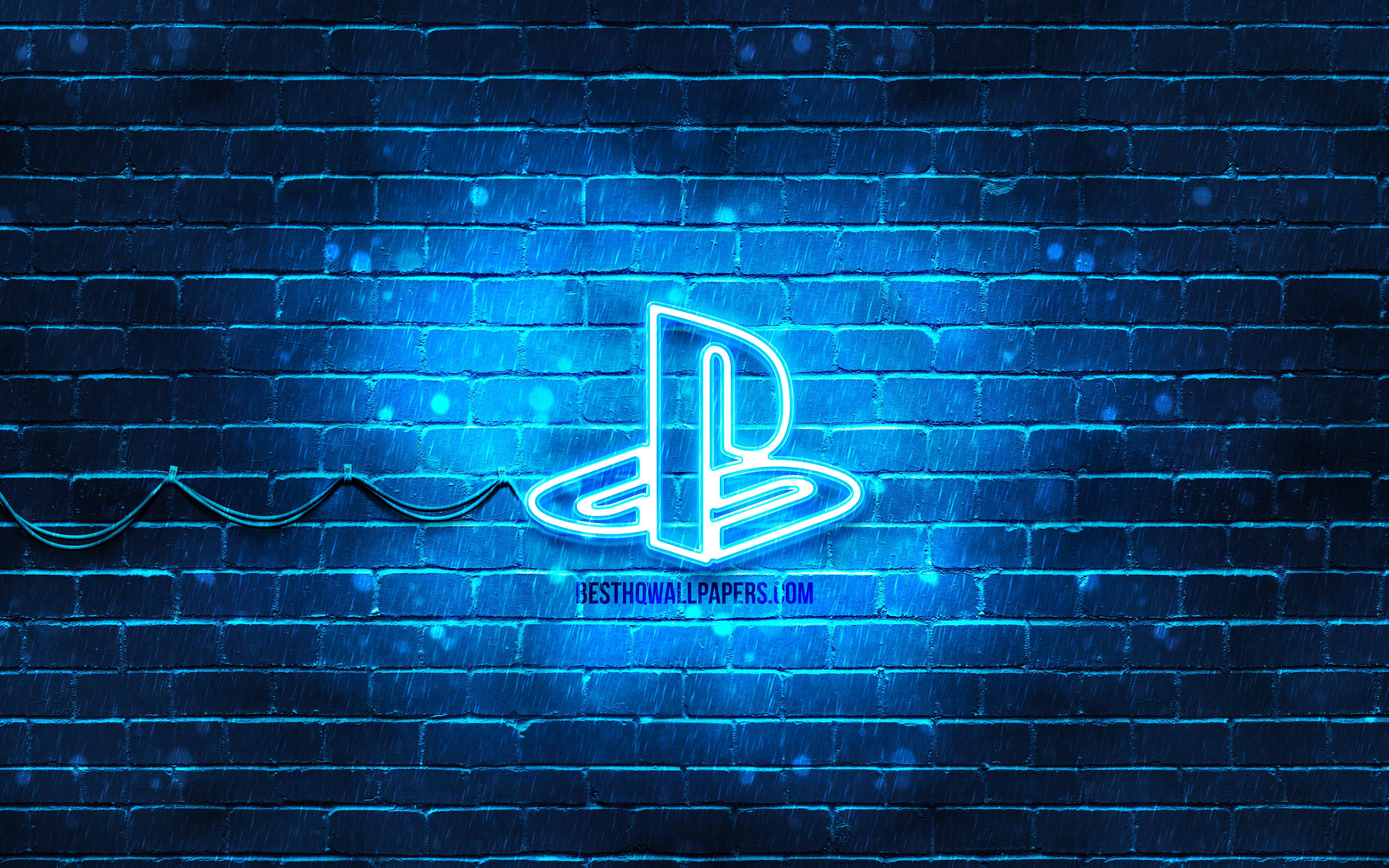 3840x2400 Download wallpaper PlayStation blue logo, 4k, blue brickwall, PlayStation logo, brands, PlayStation neon logo, PlayStation for desktop with resolution 3840x2400. High Quality HD picture wallpaper