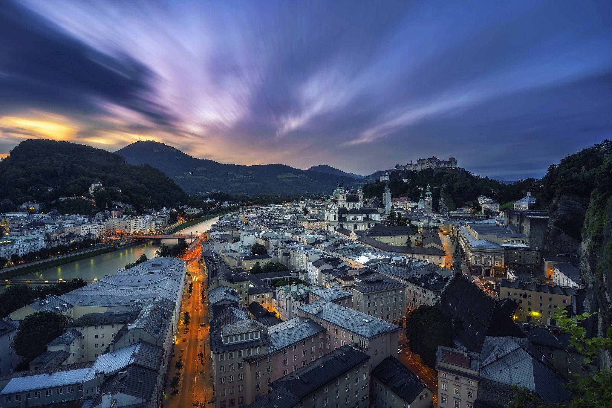 2048x1365 Wallpaper / city, cityscape, Austria, sky, Salzburg, long exposure free download