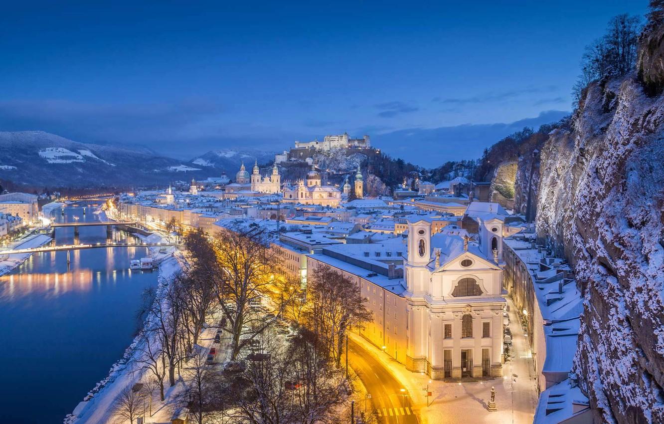 1332x850 Wallpaper winter, lights, rock, river, castle, mountain, home, Austria, panorama, Salzburg image for desktop, section город