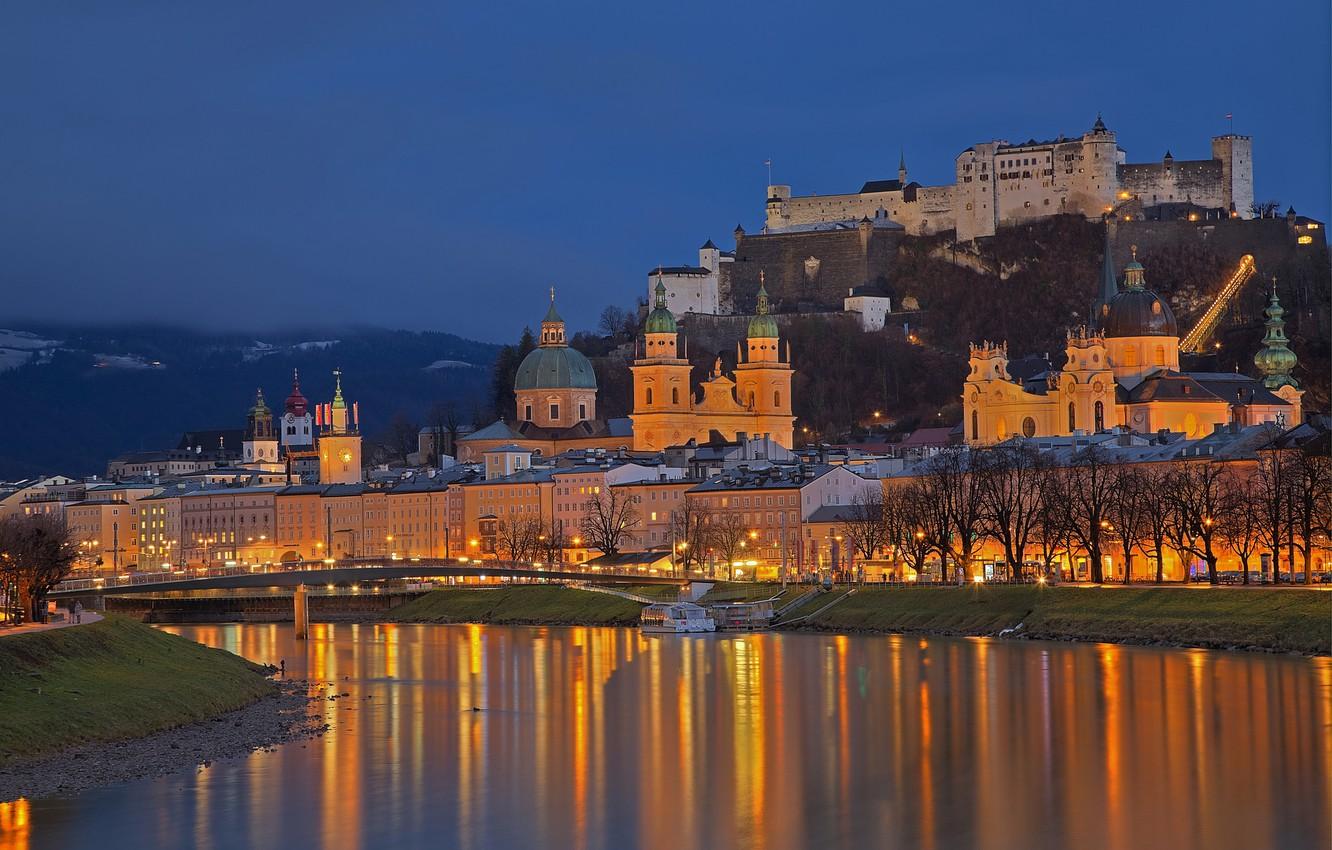 1332x850 Wallpaper night, lights, river, castle, Austria, Cathedral, Salzburg image for desktop, section город