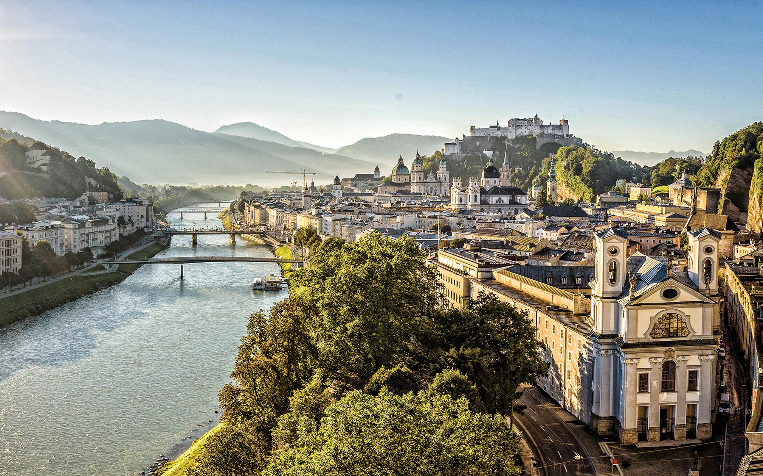 2560x1600 Download wallpaper Salzburg, morning, sunrise, austrian city, alps, mountain landscape, Salzburg cityscape, Austria for desktop with resolution 2560x1600. High Quality HD picture wallpaper