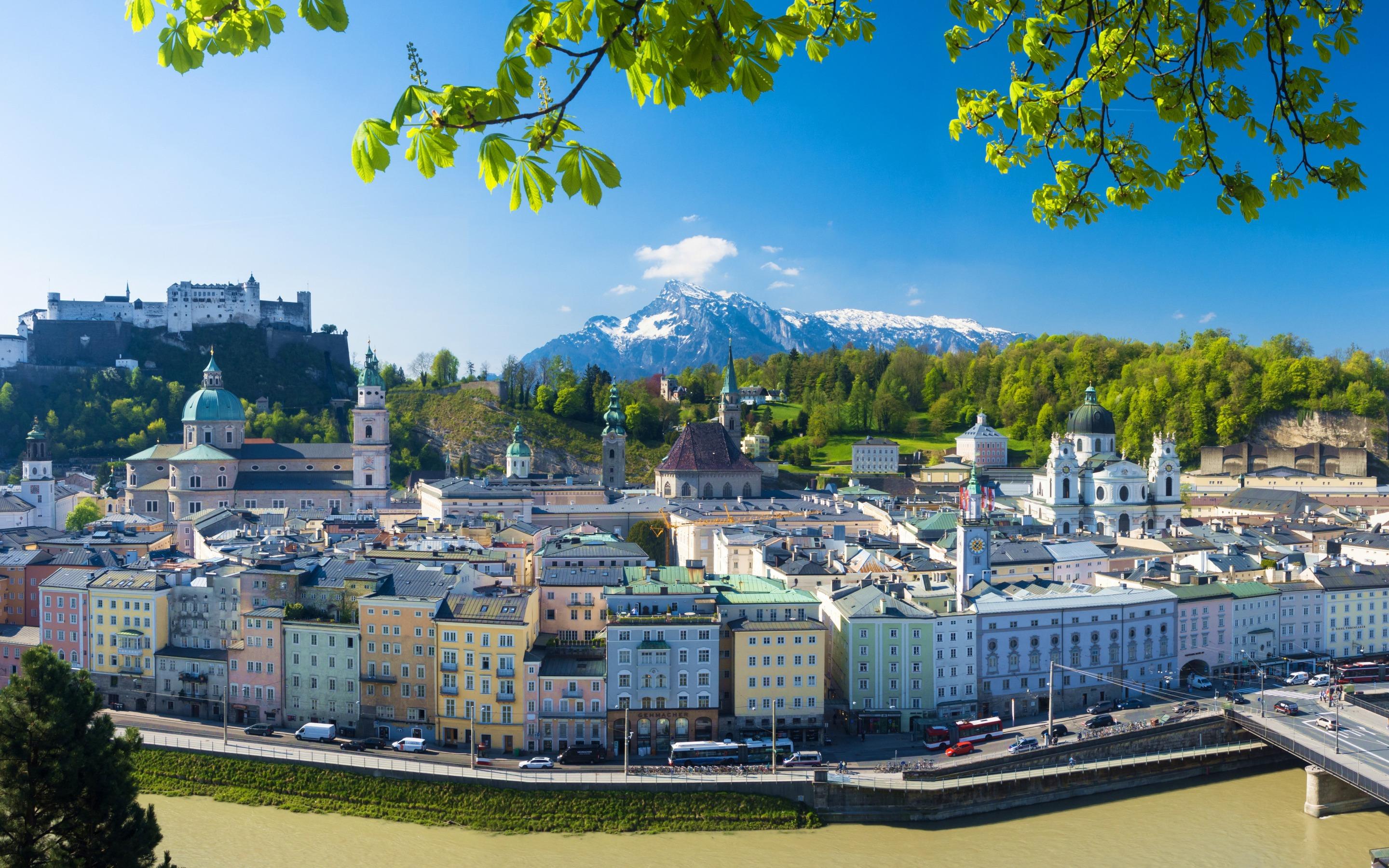 2880x1800 Download wallpaper Salzburg, Austria, landmark, cityscape, Festungsberg Mountain, Collegiate Church, Franciscan Church, Salzach River for desktop with resolution 2880x1800. High Quality HD picture wallpaper