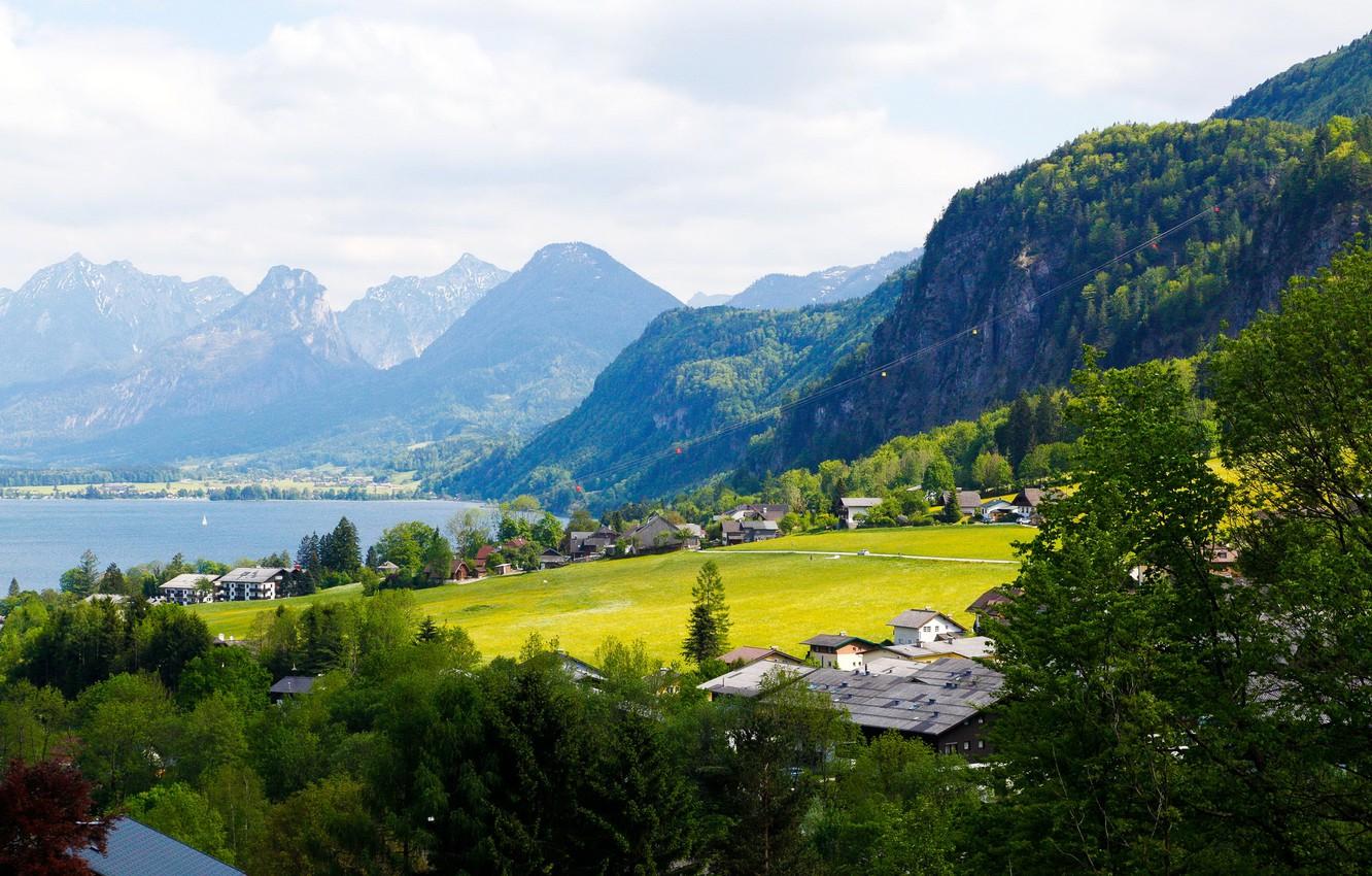 1332x850 Wallpaper trees, mountains, lake, home, Austria, Alps, Salzburg image for desktop, section пейзажи