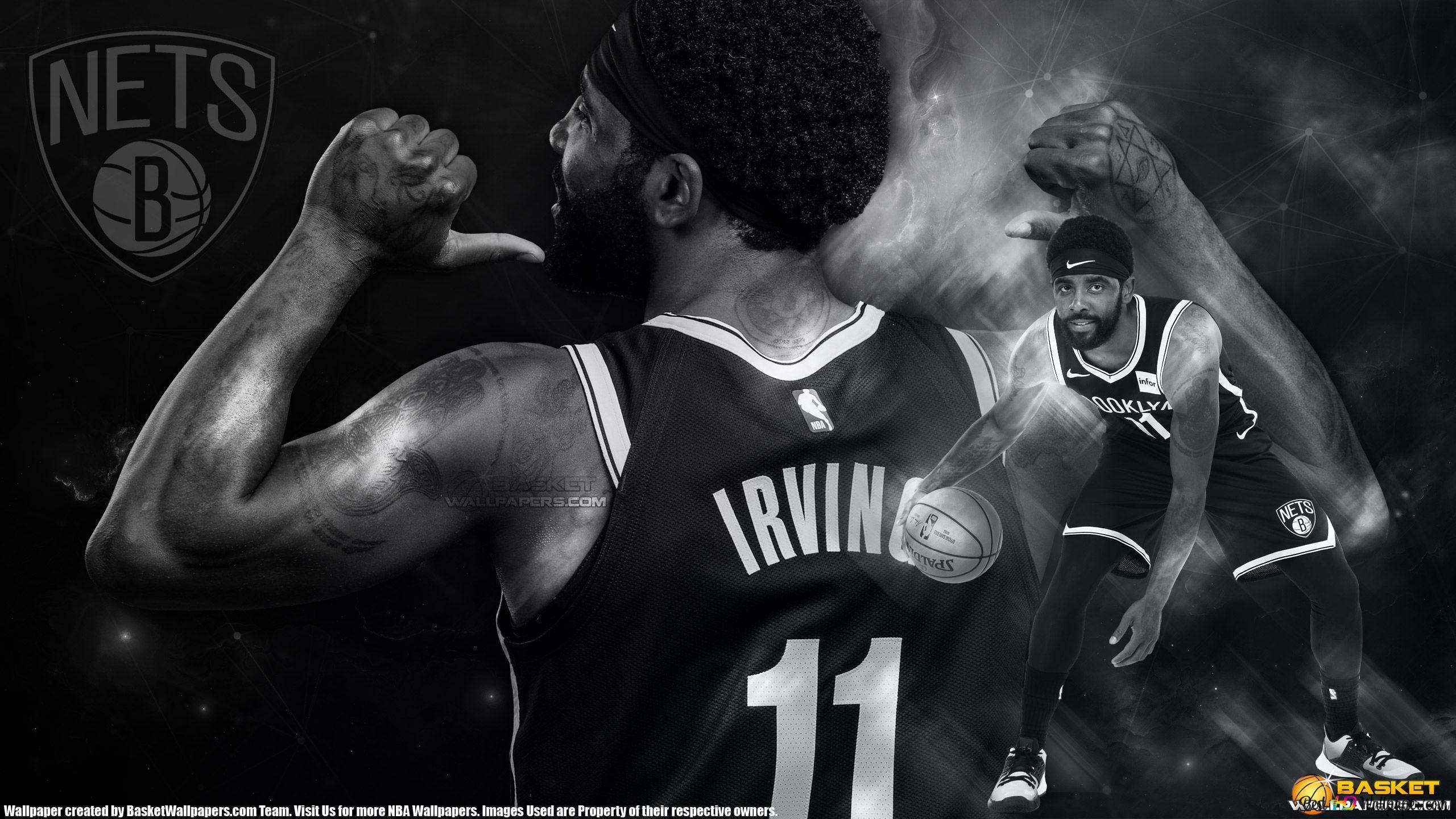 2560x1440 Kyrie irving black and white and showing his name on his jersey 2K wallpaper download