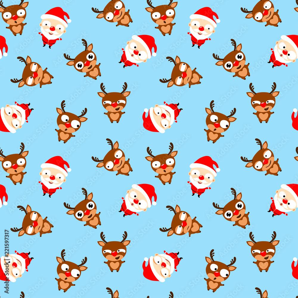 1000x1000 Seamless pattern of cute cartoon Santa Claus and reindeer on blue background. Christmas emoji. Vector illustration Stock Vector