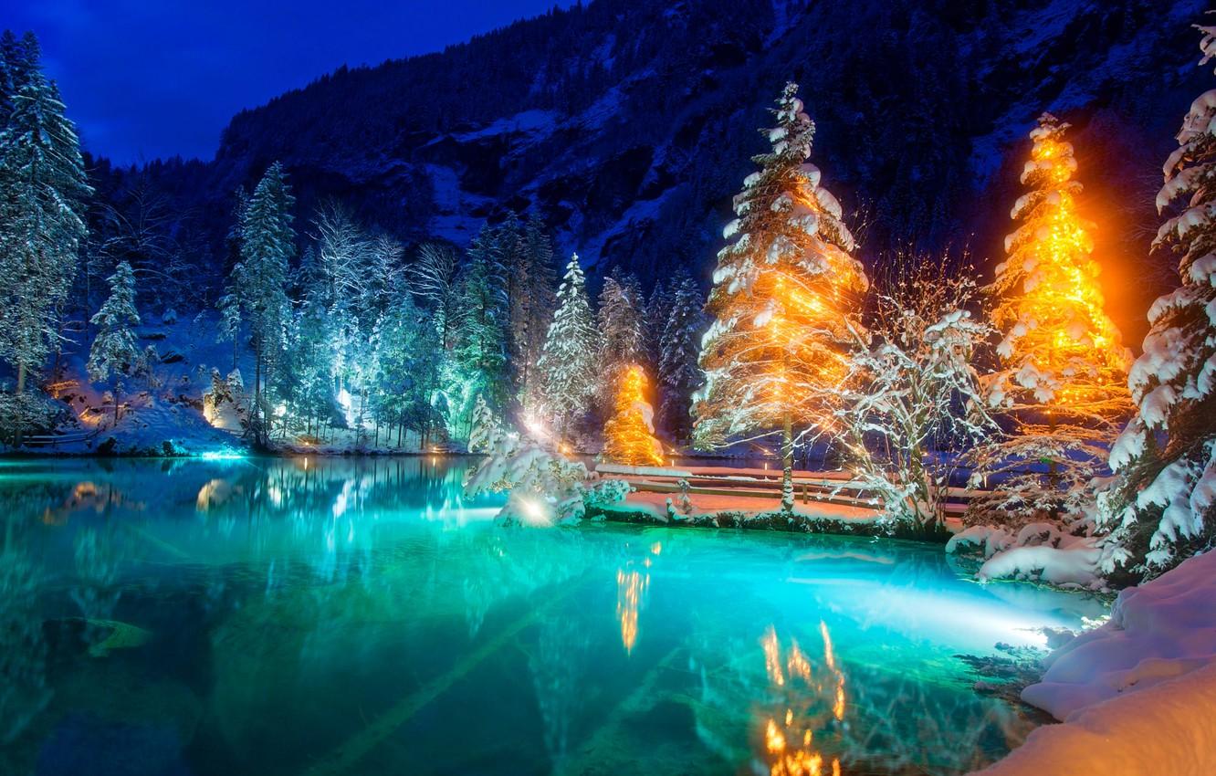 1332x850 Wallpaper winter, snow, trees, landscape, nature, lake, the evening, Switzerland, backlight, Blausee, Blau, Nature Park image for desktop, section пейзажи