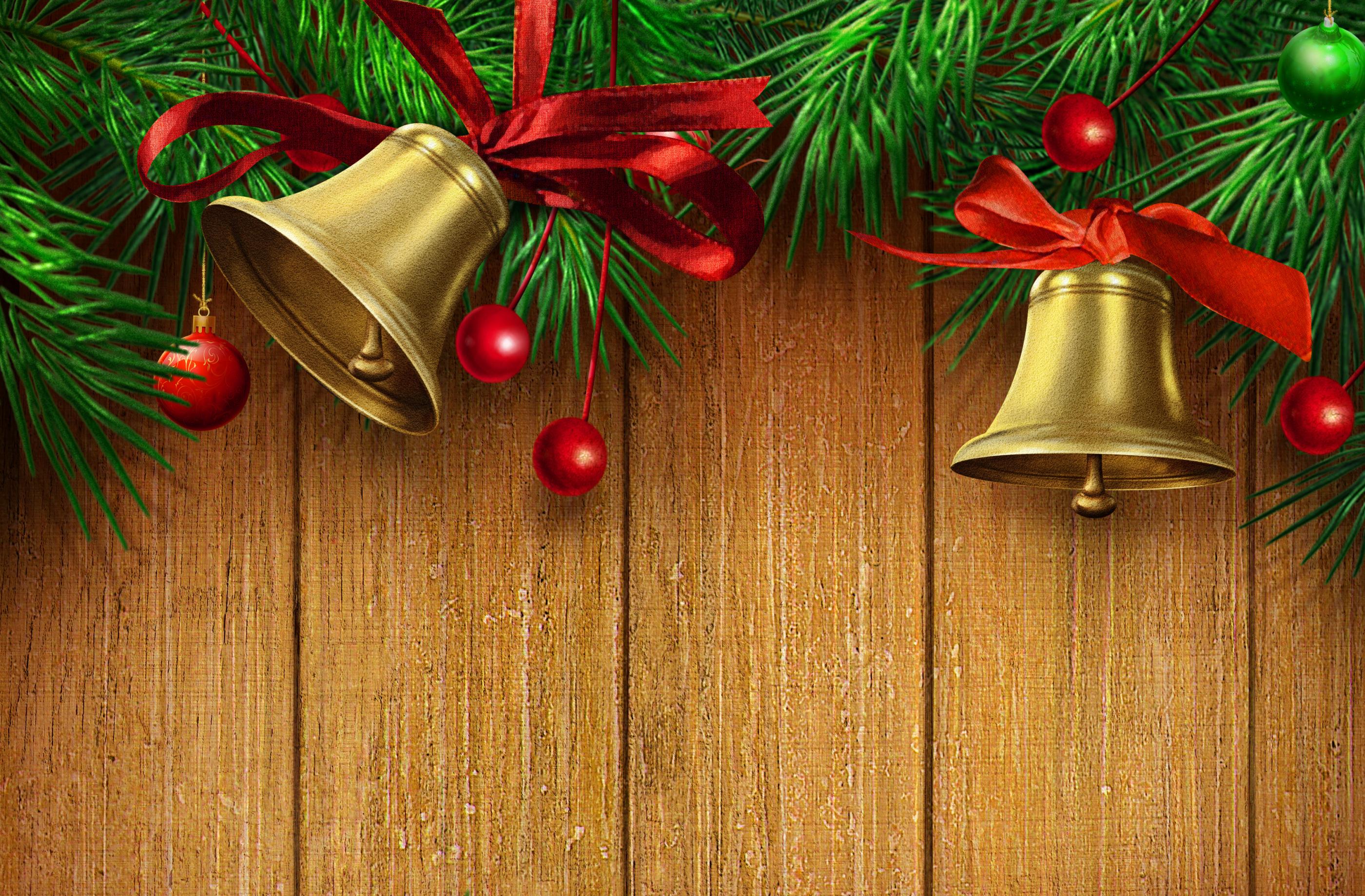 2800x1838 Christmas Wooden Background With Gold Bells And Red Ribbon​ Quality Free Image And Transparent PNG Clipart