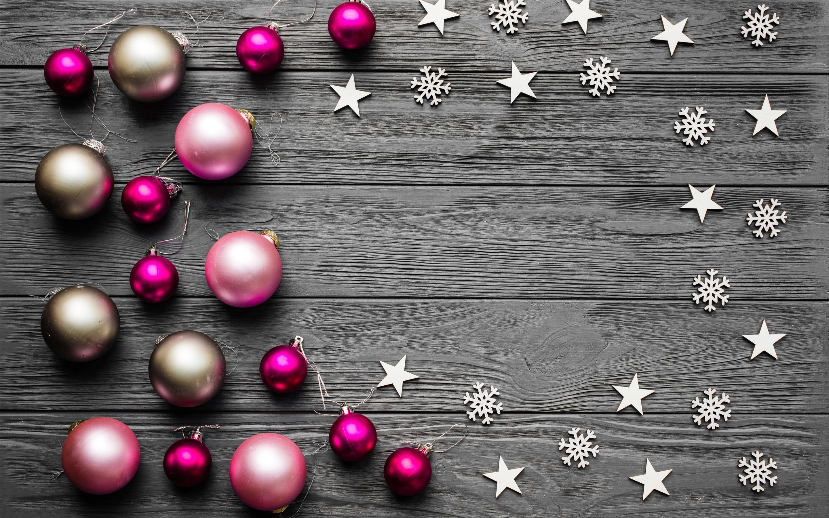 2880x1800 Wallpaper Some Christmas balls, stars, wood board 5120x2880 UHD 5K Picture, Image