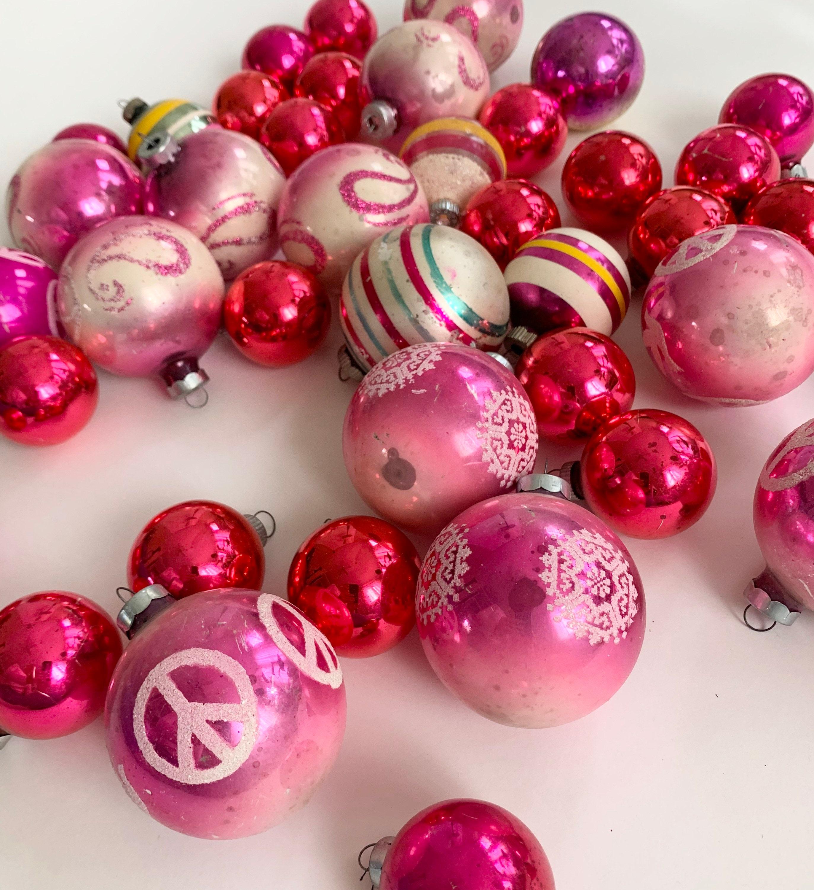 2746x3000 Pink Magenta Christmas Ornaments Glass Bulbs Mixed Lot of 41 Vintage Mid Century Retro Christmas Decor Glitter Swirl Peace Sign Striped
