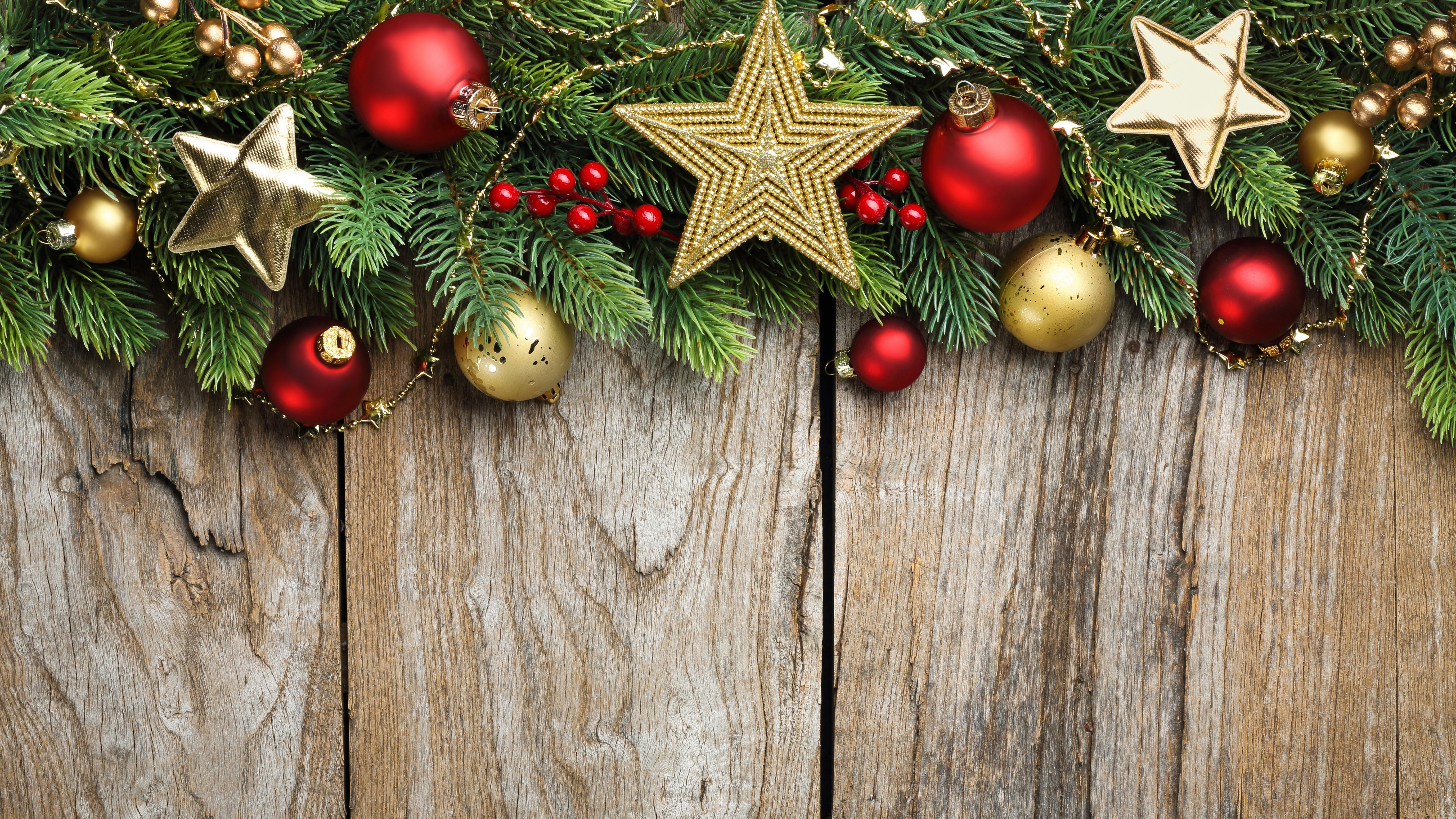 5500x3094 4K, Christmas, Wood planks, English, Branches, Balls, Bells, Star decoration Gallery HD Wallpaper