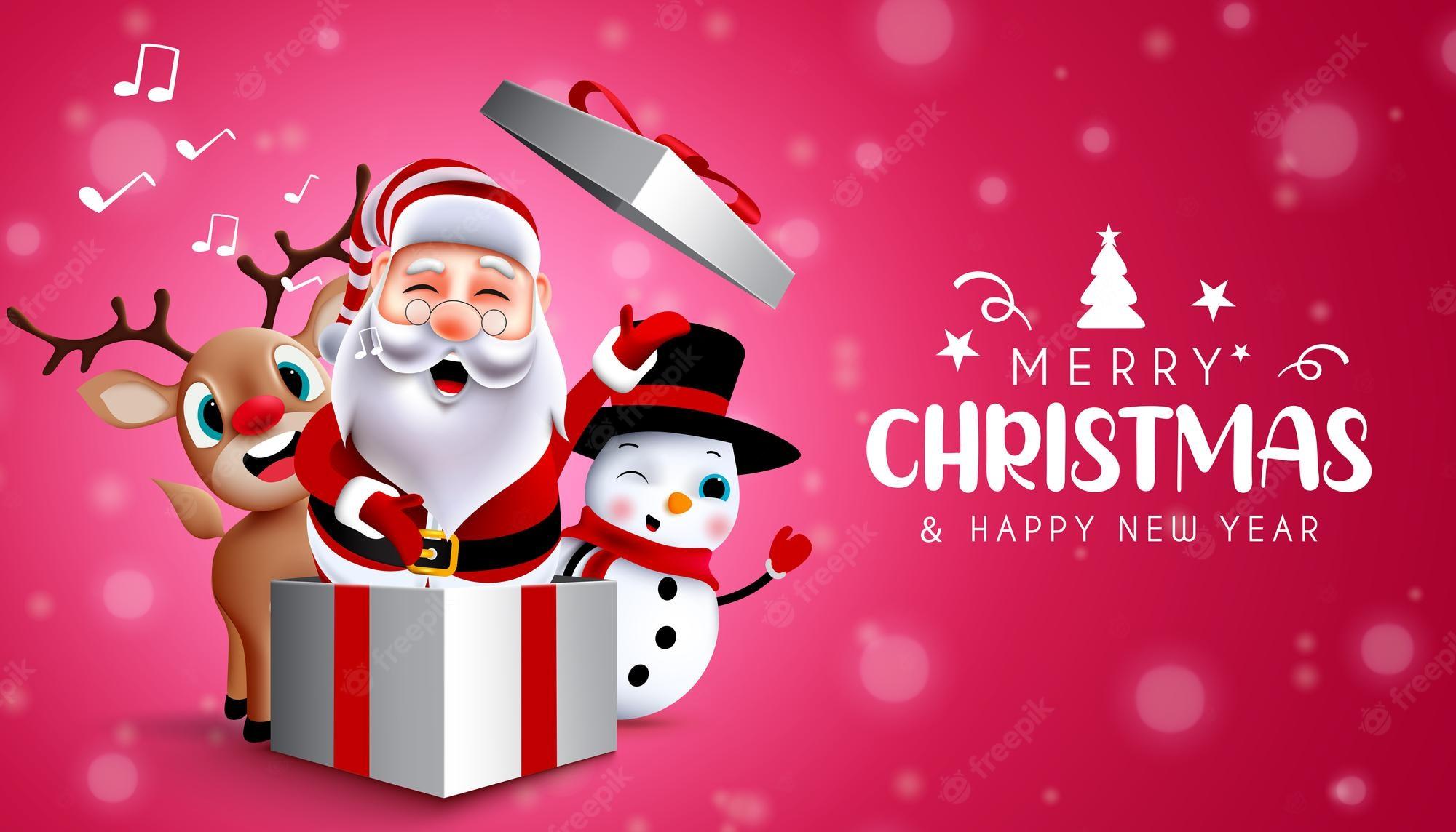2000x1144 Diseño de fondo de vector de personajes navideños texto de feliz navidad y próspero año nuevo
