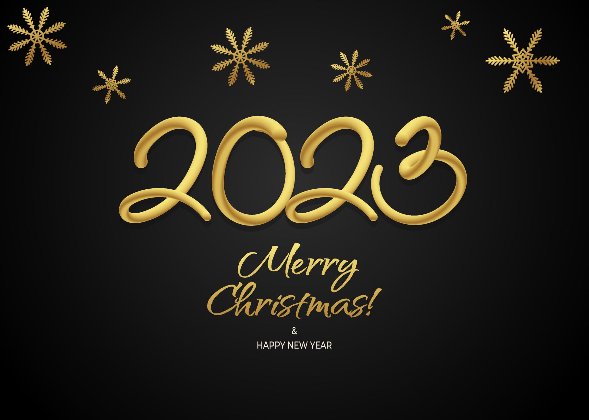 1920x1371 Happy new year 3D 2023 greeting wallpaper vector template. Merry Christmas design greeting text with christmas decor elements such as a snowflakes on a black background with luxury gold. 12325268 Vector Art