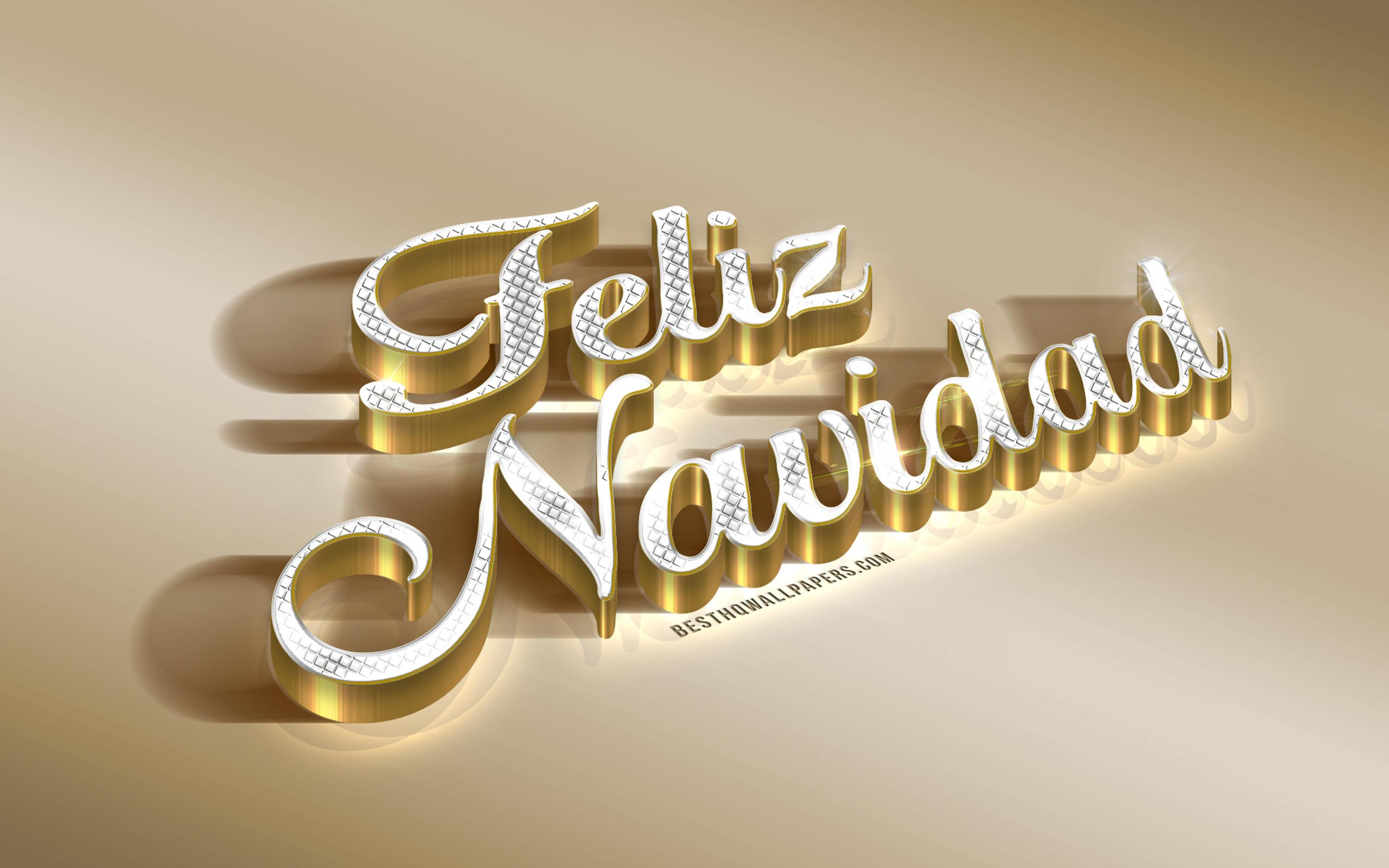 2560x1600 Download wallpaper Feliz Navidad, golden 3D art, Merry Christmas in Spanish, gold background, gold metallic letters, Christmas golden background, Spain for desktop with resolution 2560x1600. High Quality HD picture wallpaper
