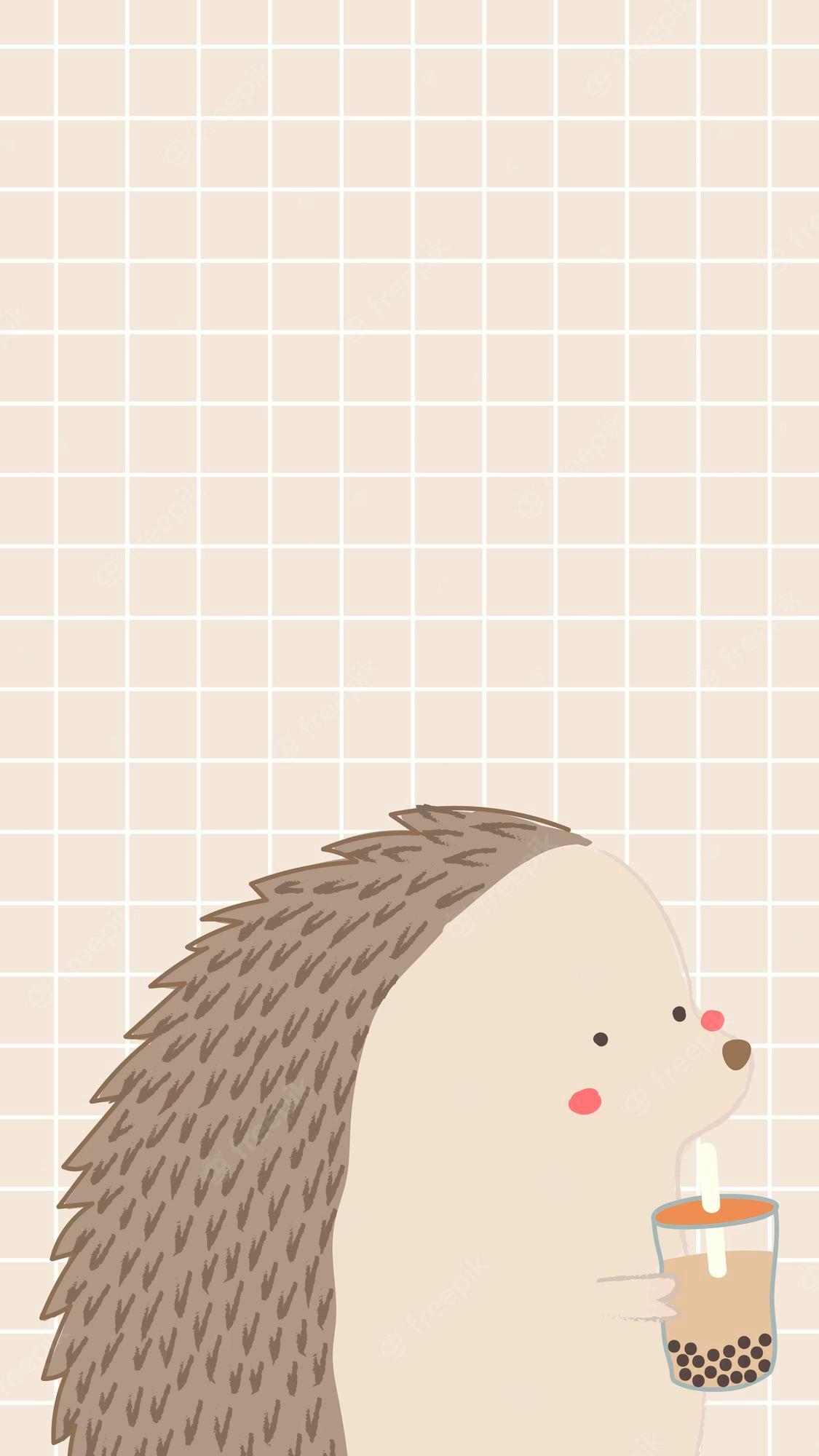 1125x2000 Free Vector. Cute porcupine drinking bubble tea mobile phone wallpaper