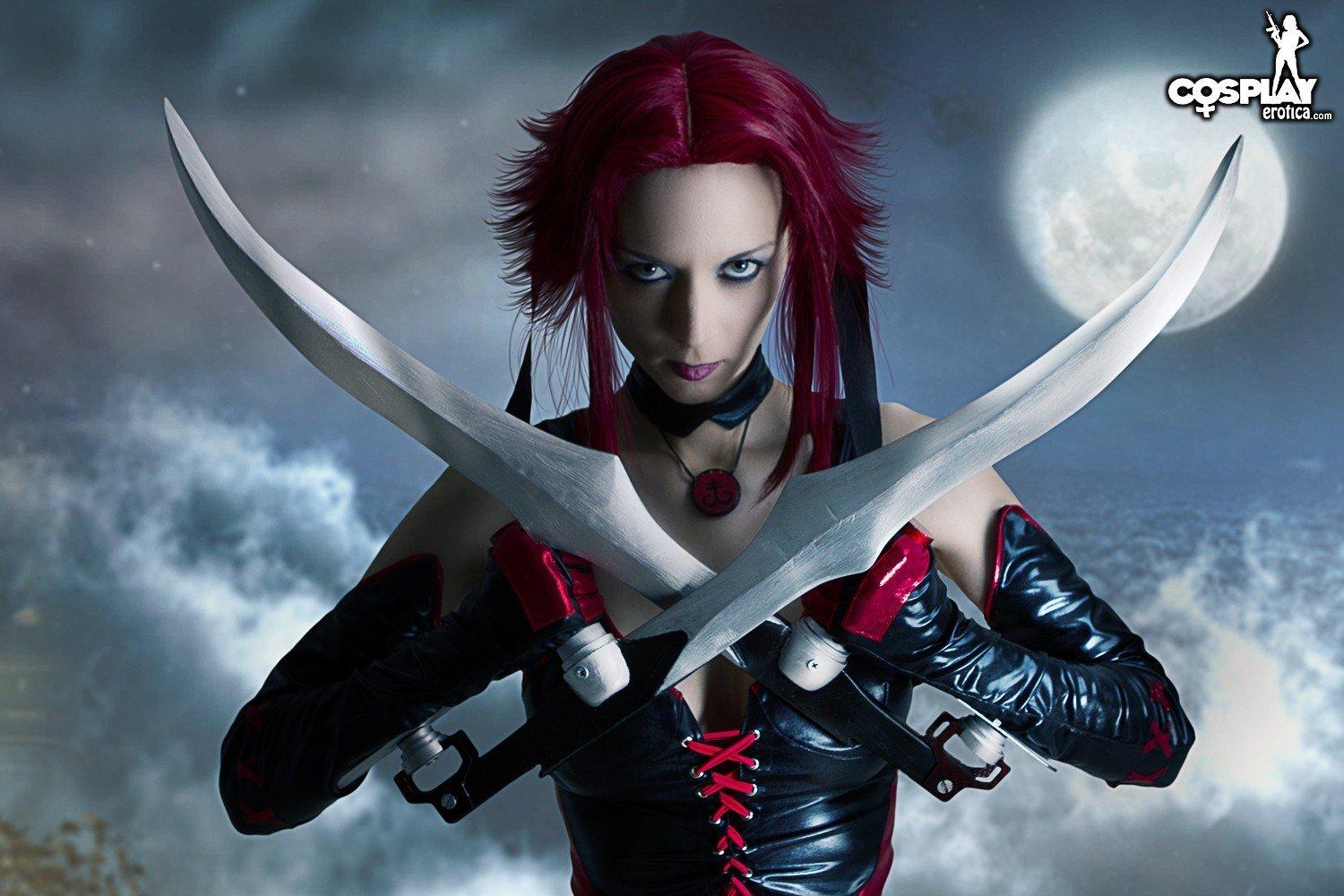 1500x1000 cosplay, Women, Redhead, Sword, Leather clothing, Leather vest, Leather pants, Moon, BloodRayne HD Wallpaper / Desktop and Mobile Image & Photo