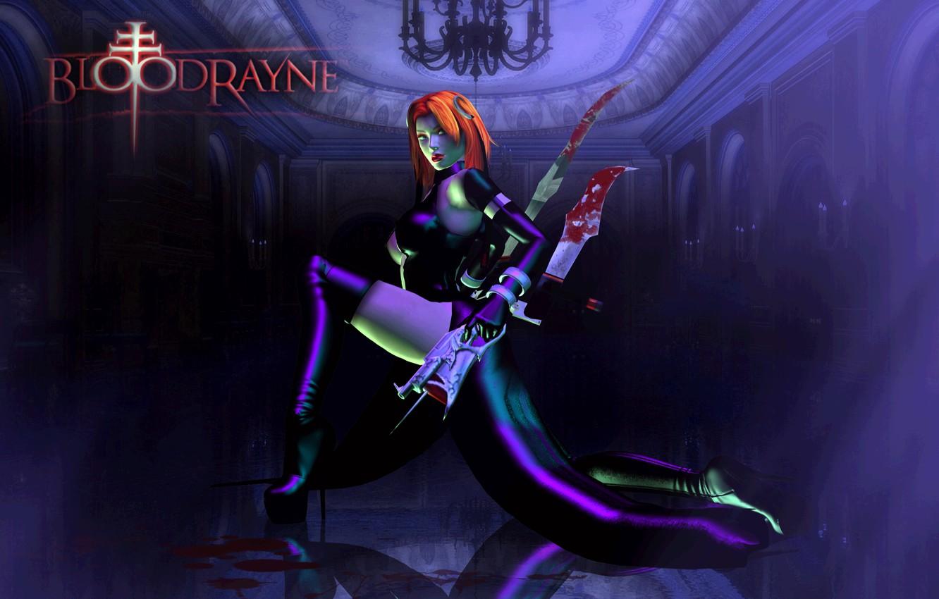 1332x850 Wallpaper look, girl, pose, weapons, blood, the game, latex, boots, red hair, vampire, BloodRayne image for desktop, section игры
