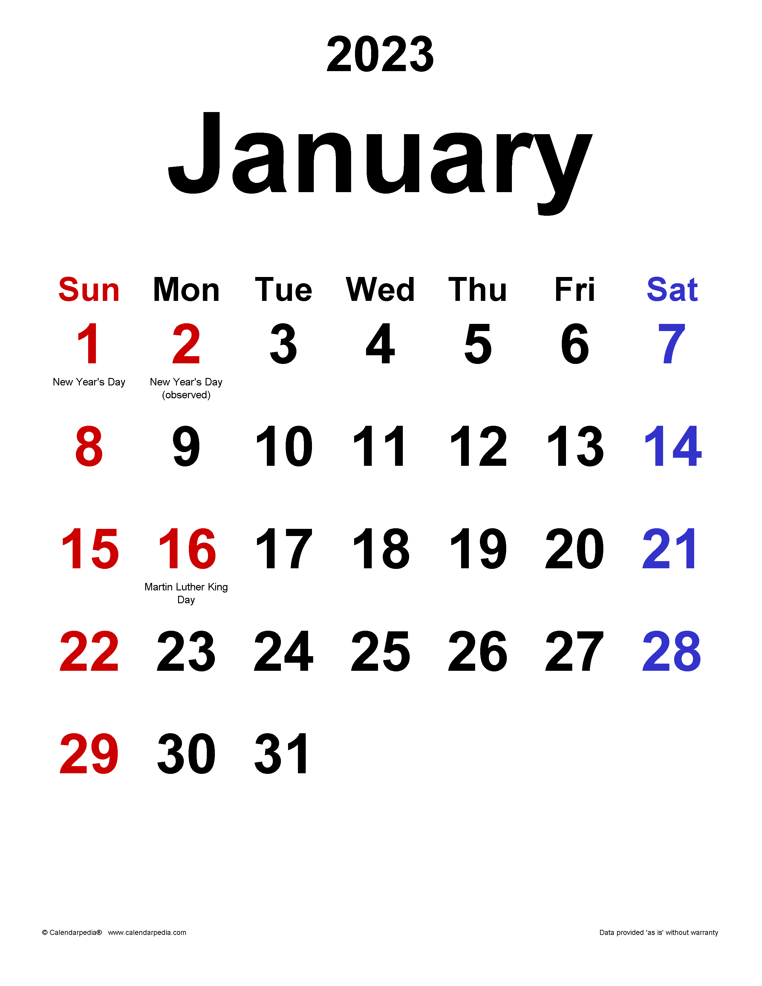 2550x3300 January 2023 Calendar. Templates for Word, Excel