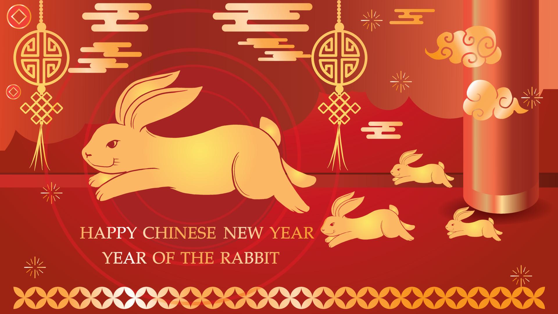 1920x1080 Year of the Golden Rabbit Chinese New Year Chinese zodiac concept , golden rabbit running paper cut pattern
